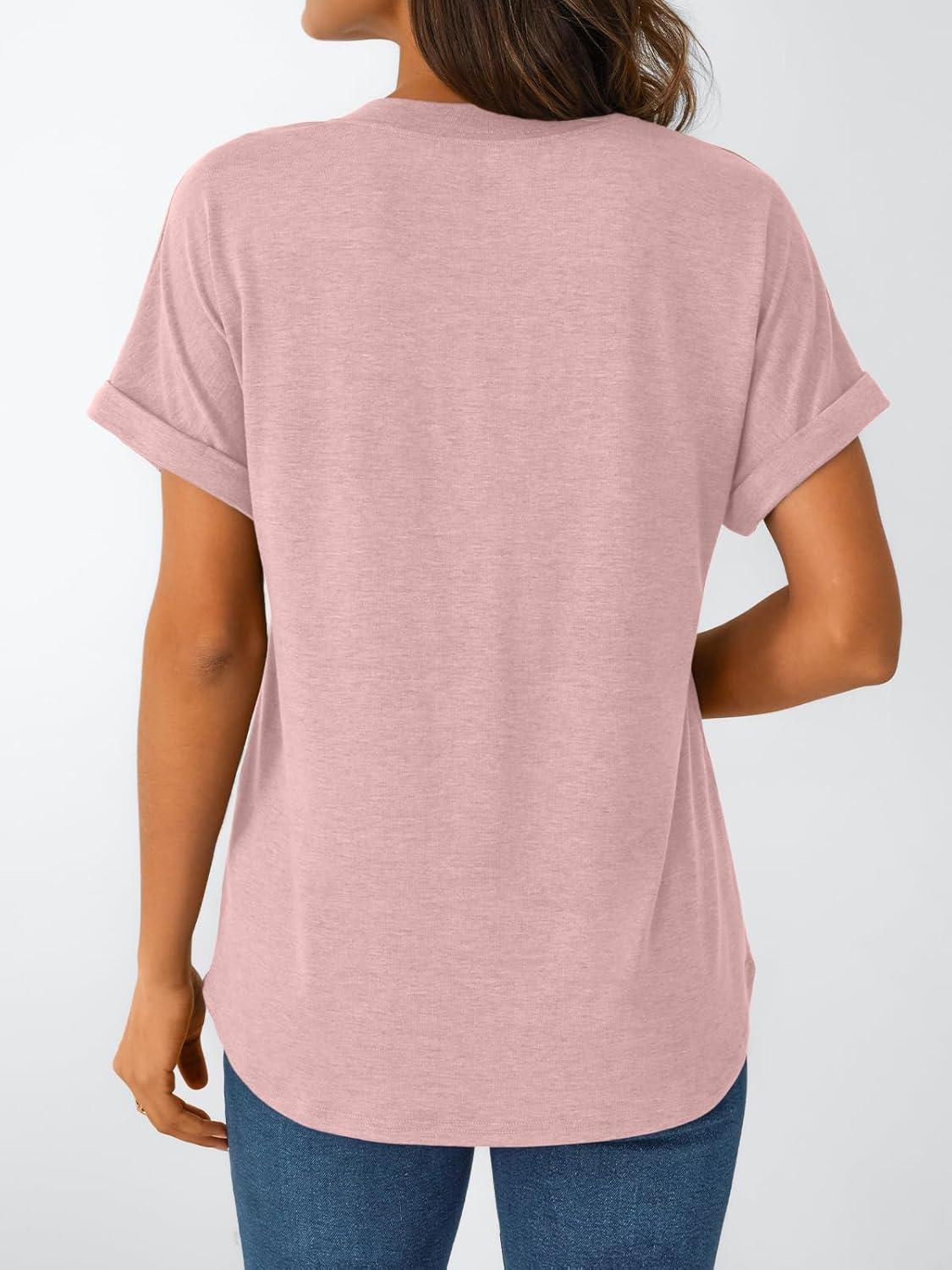 imageAUTOMET Womens Short Sleeve Shirts Henley Dressy Casual Summer Tops 2025 Trendy Blouses Cute TShirts Outfits ClothesPink