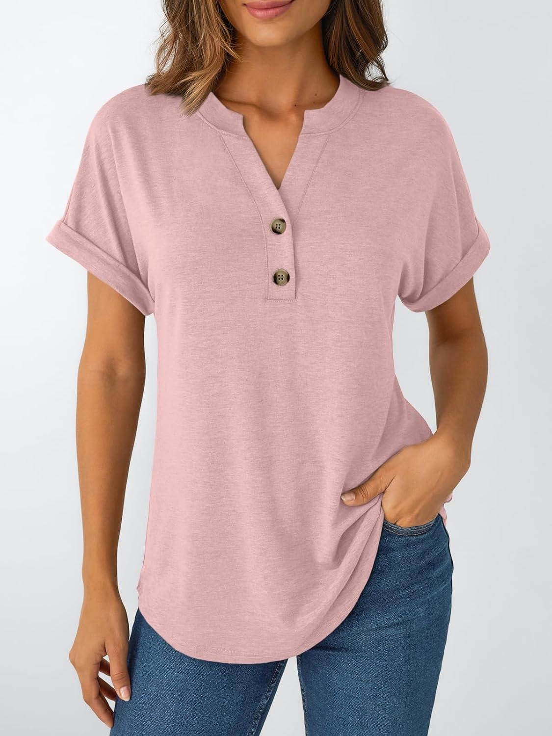 imageAUTOMET Womens Short Sleeve Shirts Henley Dressy Casual Summer Tops 2025 Trendy Blouses Cute TShirts Outfits ClothesPink