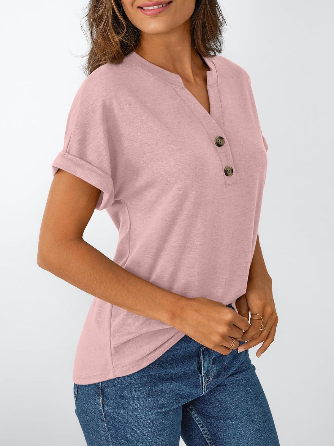 imageAUTOMET Womens Short Sleeve Shirts Henley Dressy Casual Summer Tops 2025 Trendy Blouses Cute TShirts Outfits ClothesPink