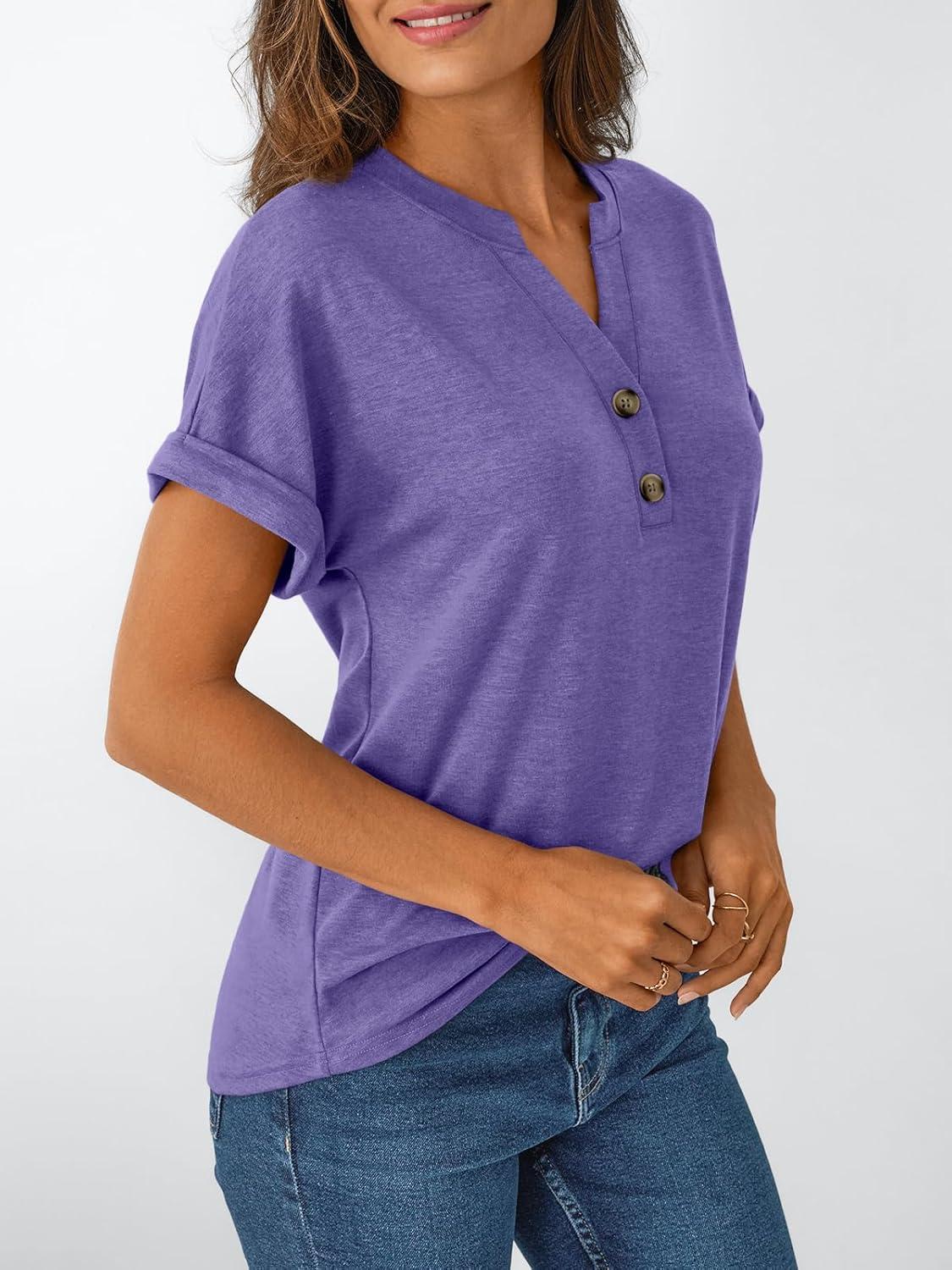 imageAUTOMET Womens Short Sleeve Shirts Henley Dressy Casual Summer Tops 2025 Trendy Blouses Cute TShirts Outfits ClothesPurple