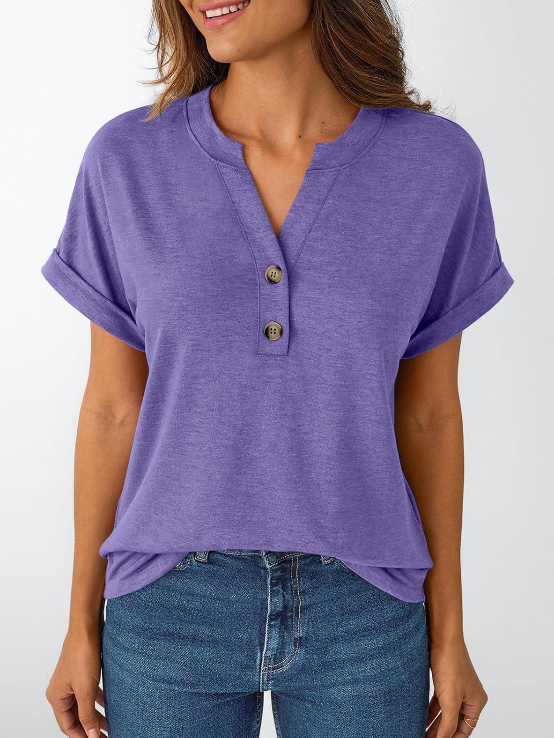 imageAUTOMET Womens Short Sleeve Shirts Henley Dressy Casual Summer Tops 2025 Trendy Blouses Cute TShirts Outfits ClothesPurple