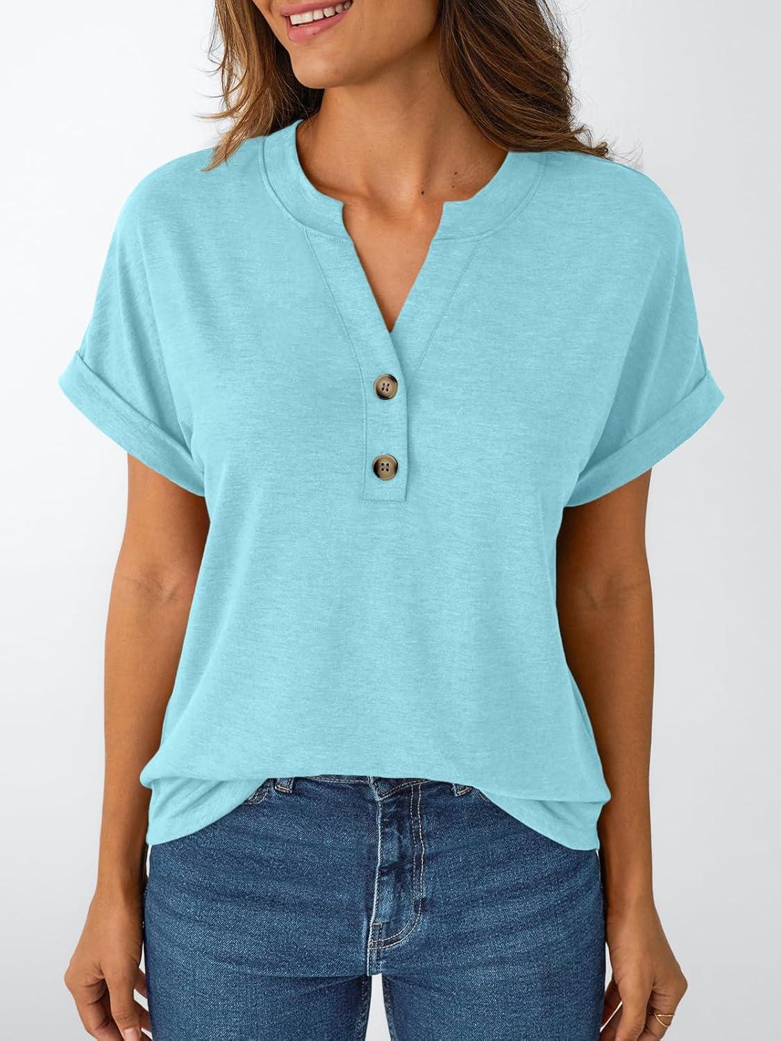 imageAUTOMET Womens Short Sleeve Shirts Henley Dressy Casual Summer Tops 2025 Trendy Blouses Cute TShirts Outfits ClothesSky