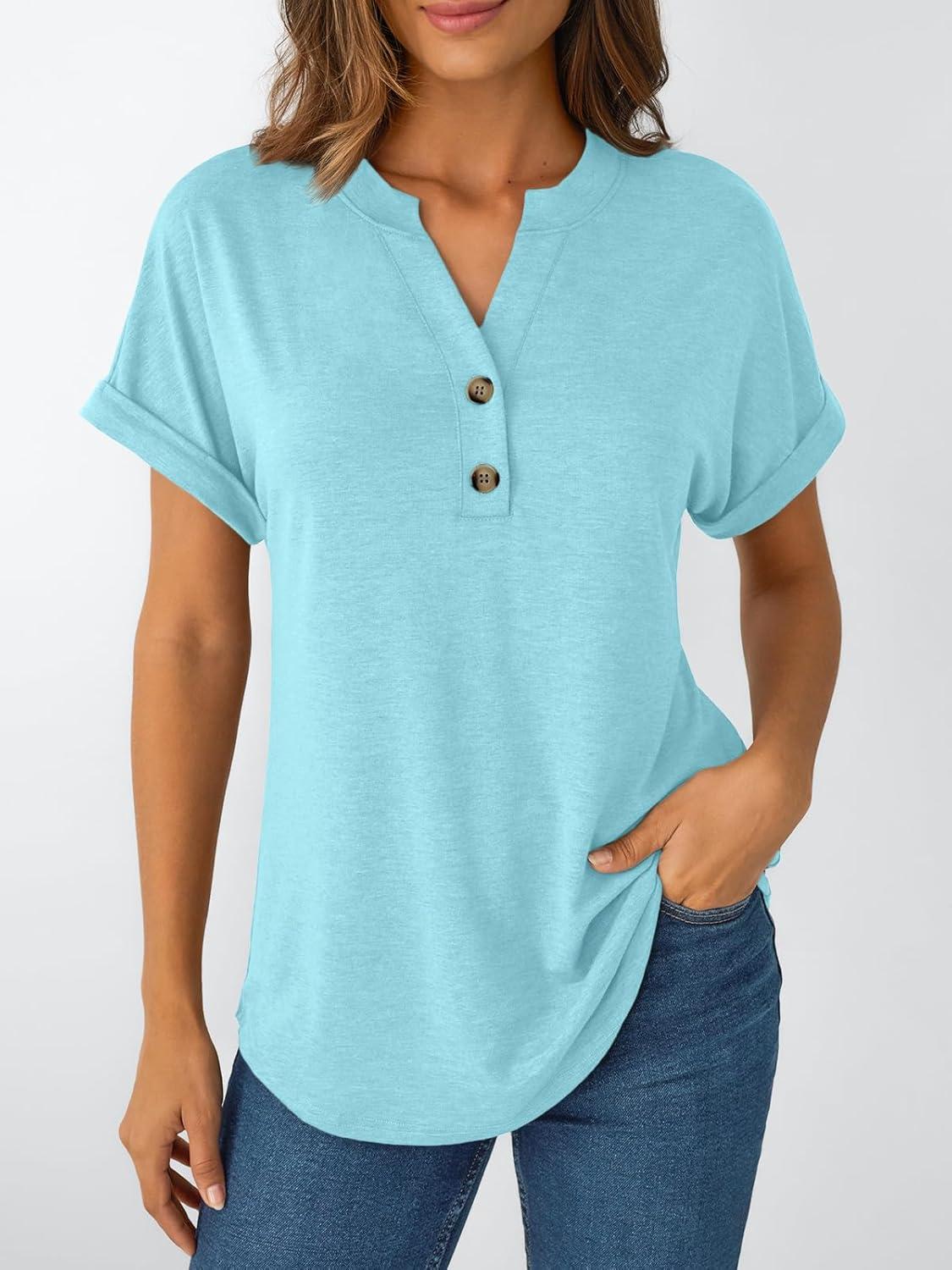 imageAUTOMET Womens Short Sleeve Shirts Henley Dressy Casual Summer Tops 2025 Trendy Blouses Cute TShirts Outfits ClothesSky