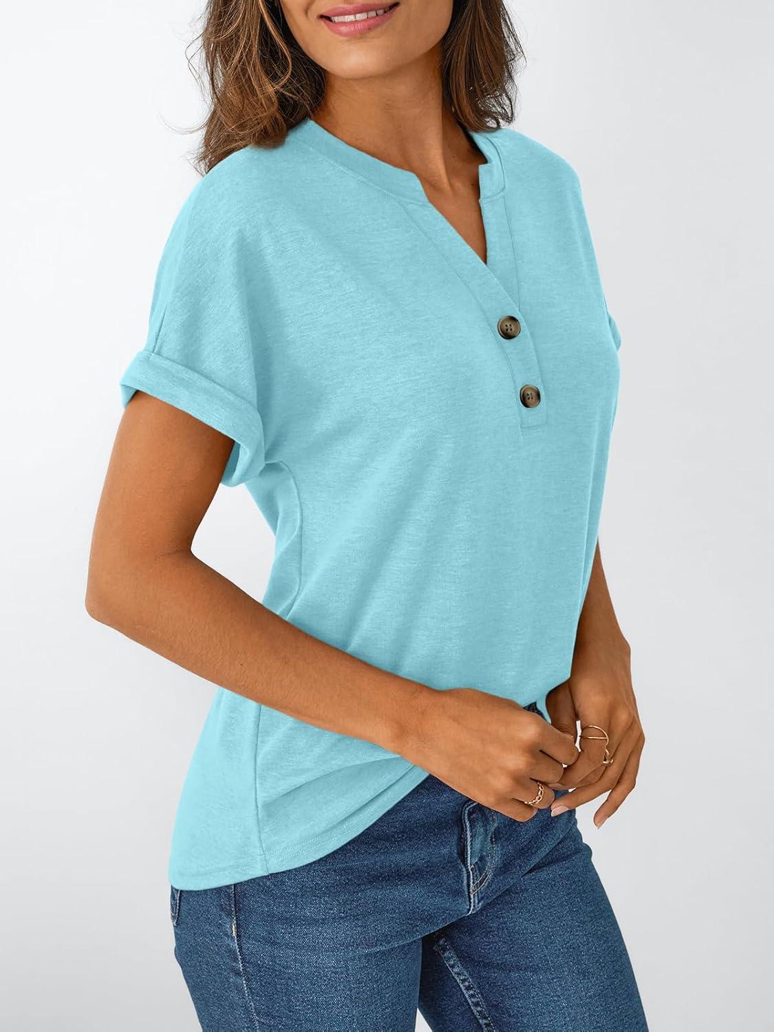 imageAUTOMET Womens Short Sleeve Shirts Henley Dressy Casual Summer Tops 2025 Trendy Blouses Cute TShirts Outfits ClothesSky