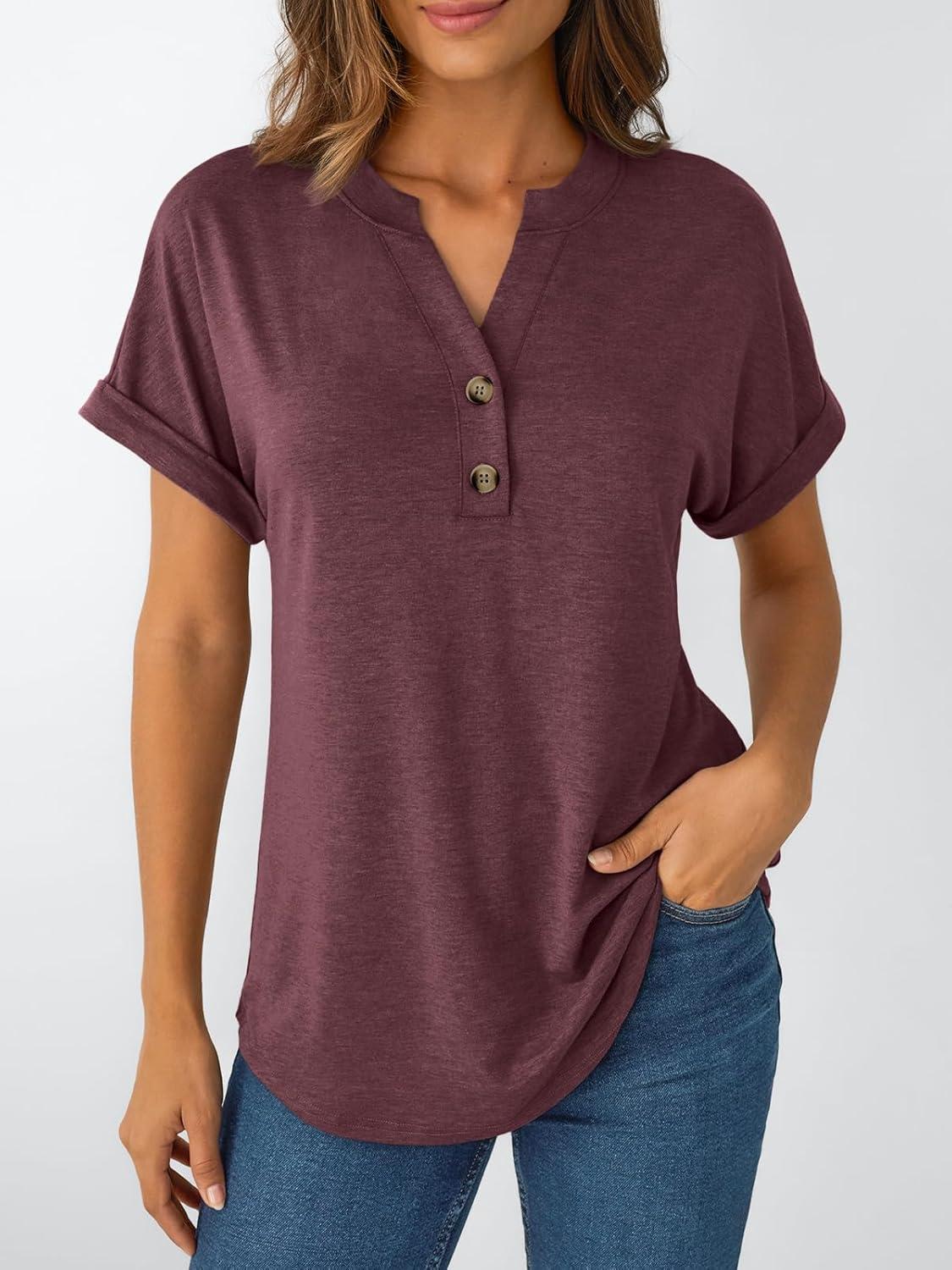 imageAUTOMET Womens Short Sleeve Shirts Henley Dressy Casual Summer Tops 2025 Trendy Blouses Cute TShirts Outfits ClothesWine