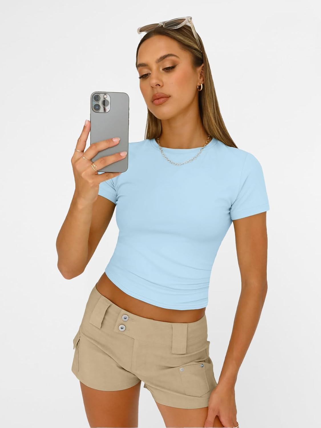 imageAUTOMET Womens Short Sleeve T Shirts Basic Summer 2025 Workout Tops Crew Neck Gym Crop Tops Trendy Y2K ClothesBaby Blue
