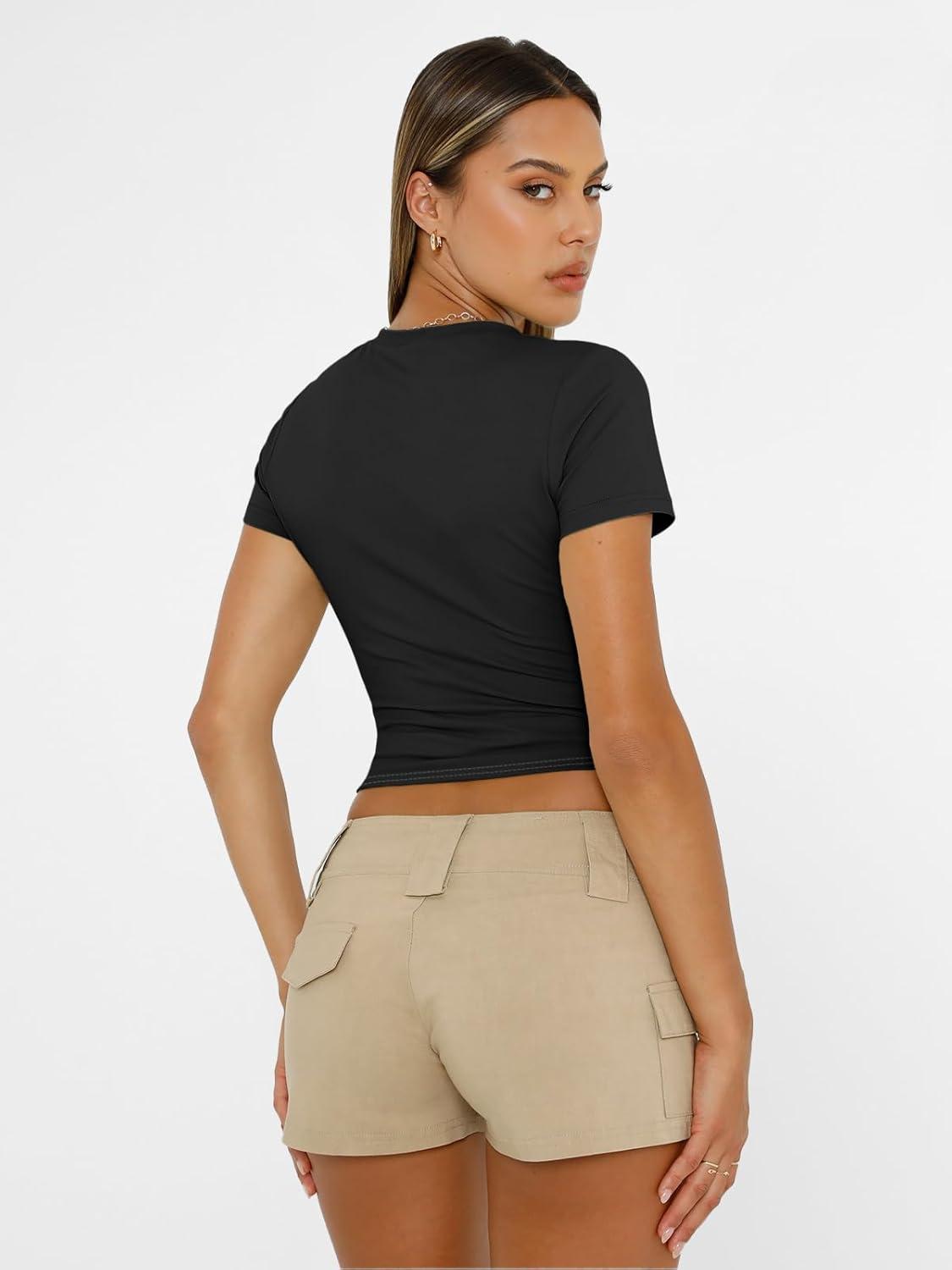 imageAUTOMET Womens Short Sleeve T Shirts Basic Summer 2025 Workout Tops Crew Neck Gym Crop Tops Trendy Y2K ClothesBlack