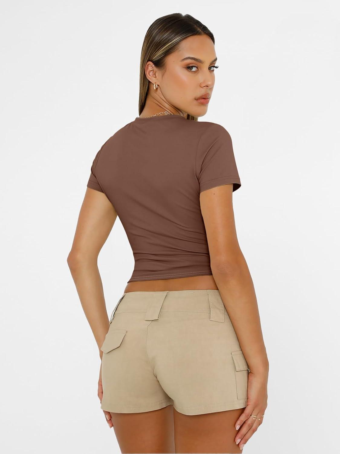 imageAUTOMET Womens Short Sleeve T Shirts Basic Summer 2025 Workout Tops Crew Neck Gym Crop Tops Trendy Y2K ClothesCoffee