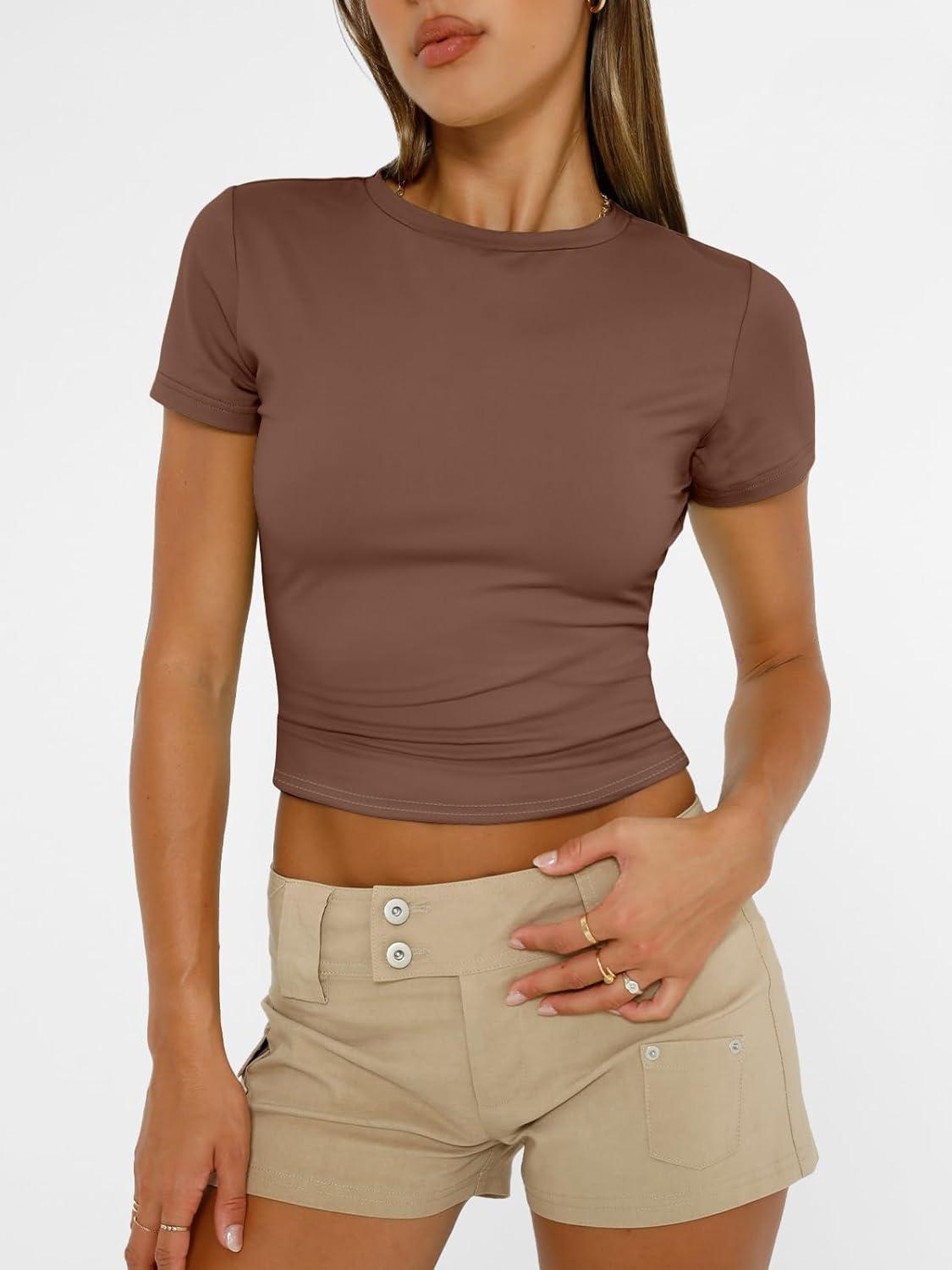 imageAUTOMET Womens Short Sleeve T Shirts Basic Summer 2025 Workout Tops Crew Neck Gym Crop Tops Trendy Y2K ClothesCoffee