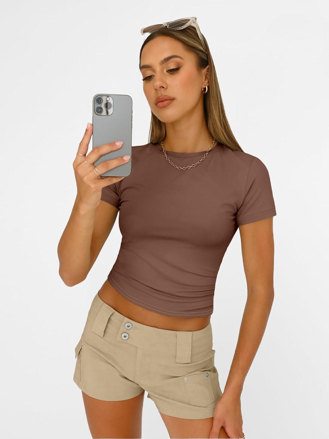 imageAUTOMET Womens Short Sleeve T Shirts Basic Summer 2025 Workout Tops Crew Neck Gym Crop Tops Trendy Y2K ClothesCoffee