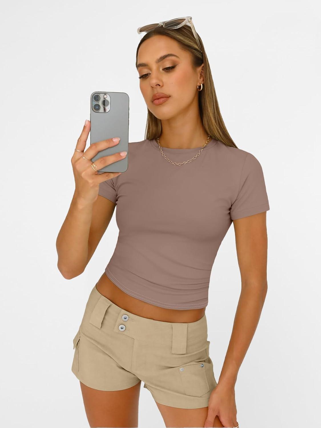 imageAUTOMET Womens Short Sleeve T Shirts Basic Summer 2025 Workout Tops Crew Neck Gym Crop Tops Trendy Y2K ClothesCoffee Grey