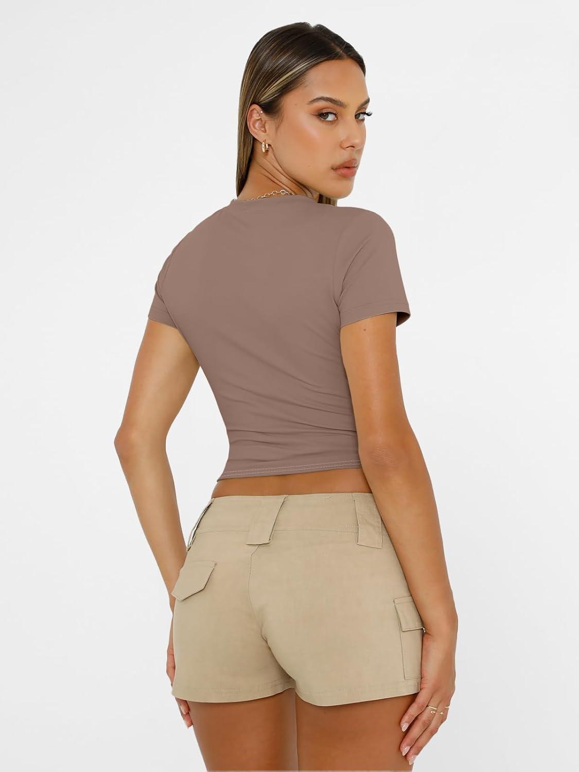 imageAUTOMET Womens Short Sleeve T Shirts Basic Summer 2025 Workout Tops Crew Neck Gym Crop Tops Trendy Y2K ClothesCoffee Grey