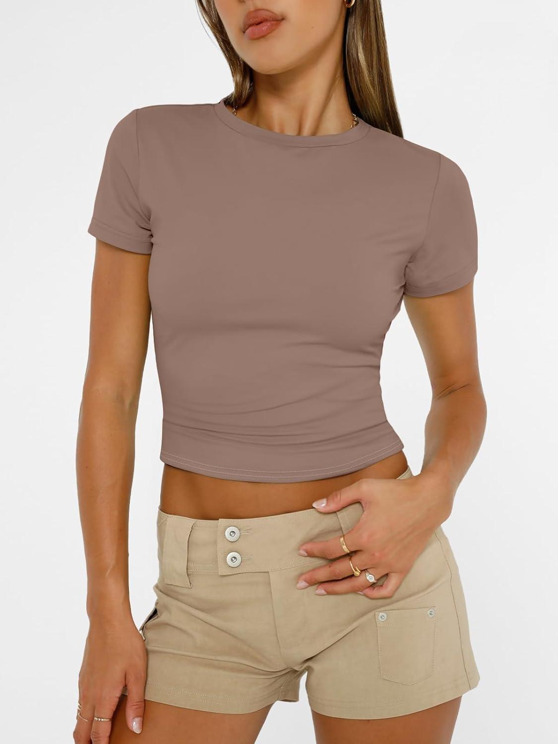imageAUTOMET Womens Short Sleeve T Shirts Basic Summer 2025 Workout Tops Crew Neck Gym Crop Tops Trendy Y2K ClothesCoffee Grey