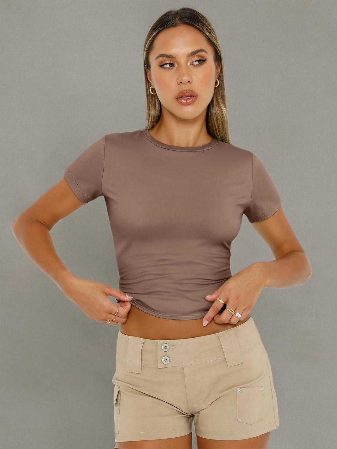 imageAUTOMET Womens Short Sleeve T Shirts Basic Summer 2025 Workout Tops Crew Neck Gym Crop Tops Trendy Y2K ClothesCoffee Grey