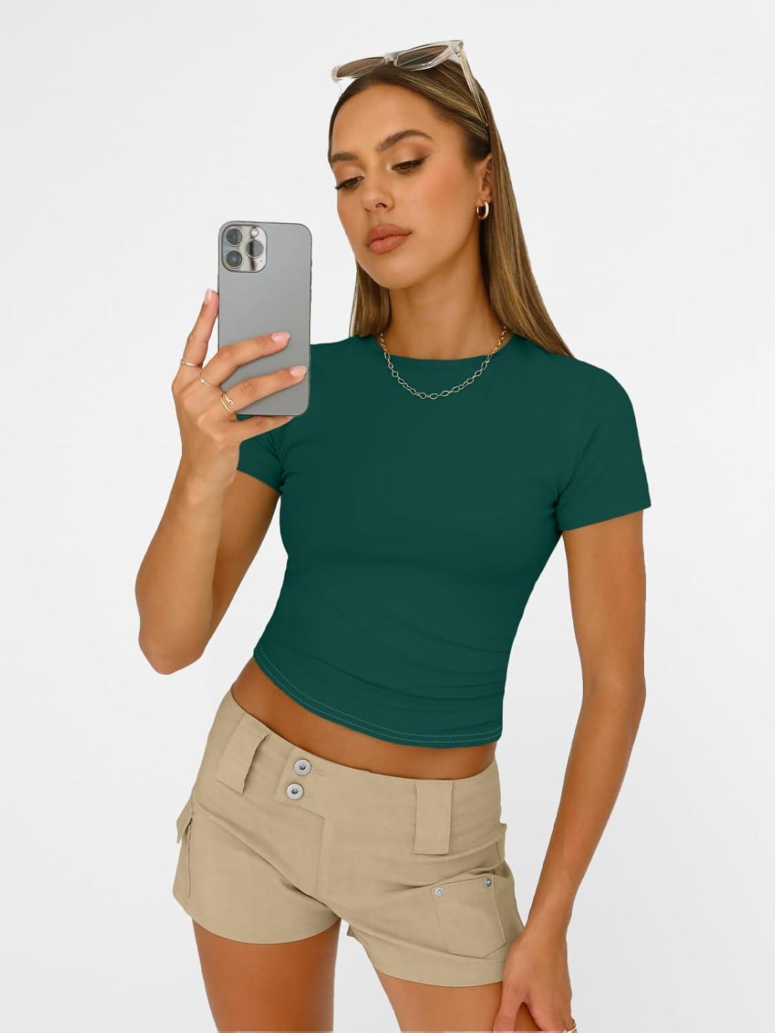 imageAUTOMET Womens Short Sleeve T Shirts Basic Summer 2025 Workout Tops Crew Neck Gym Crop Tops Trendy Y2K ClothesDark Green