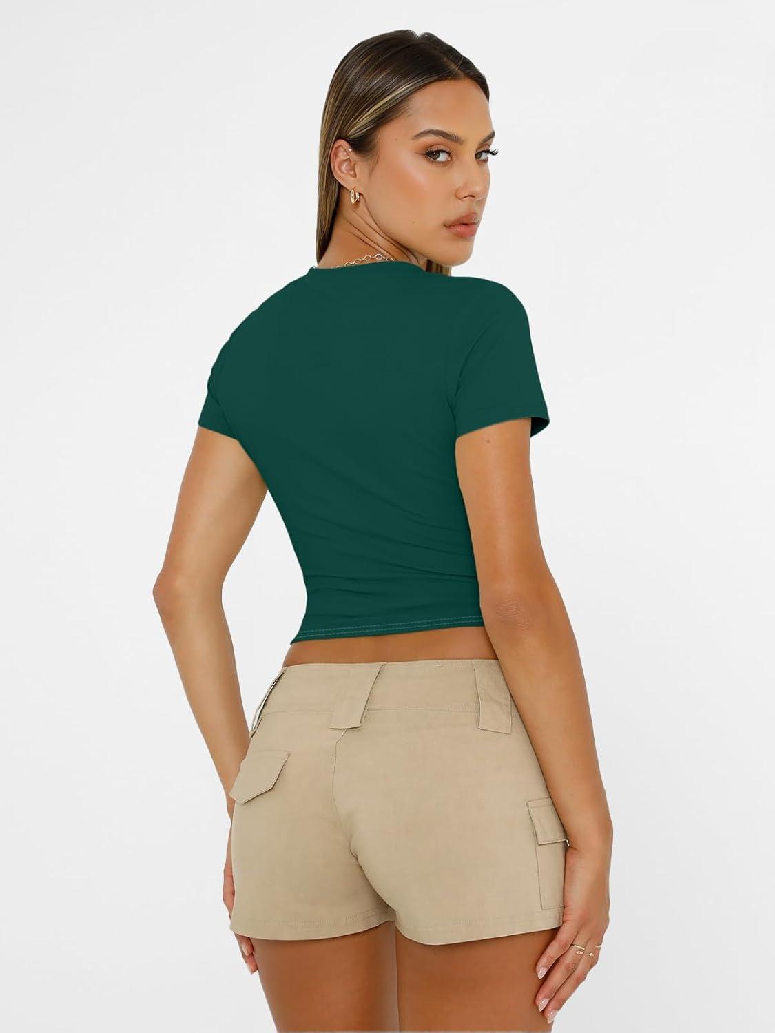 imageAUTOMET Womens Short Sleeve T Shirts Basic Summer 2025 Workout Tops Crew Neck Gym Crop Tops Trendy Y2K ClothesDark Green