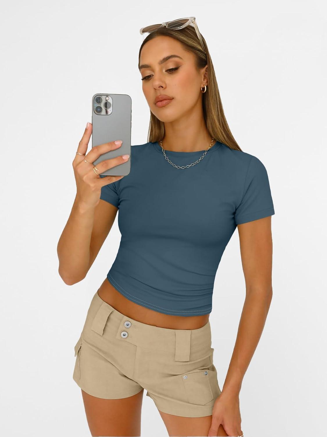 imageAUTOMET Womens Short Sleeve T Shirts Basic Summer 2025 Workout Tops Crew Neck Gym Crop Tops Trendy Y2K ClothesHaze Blue