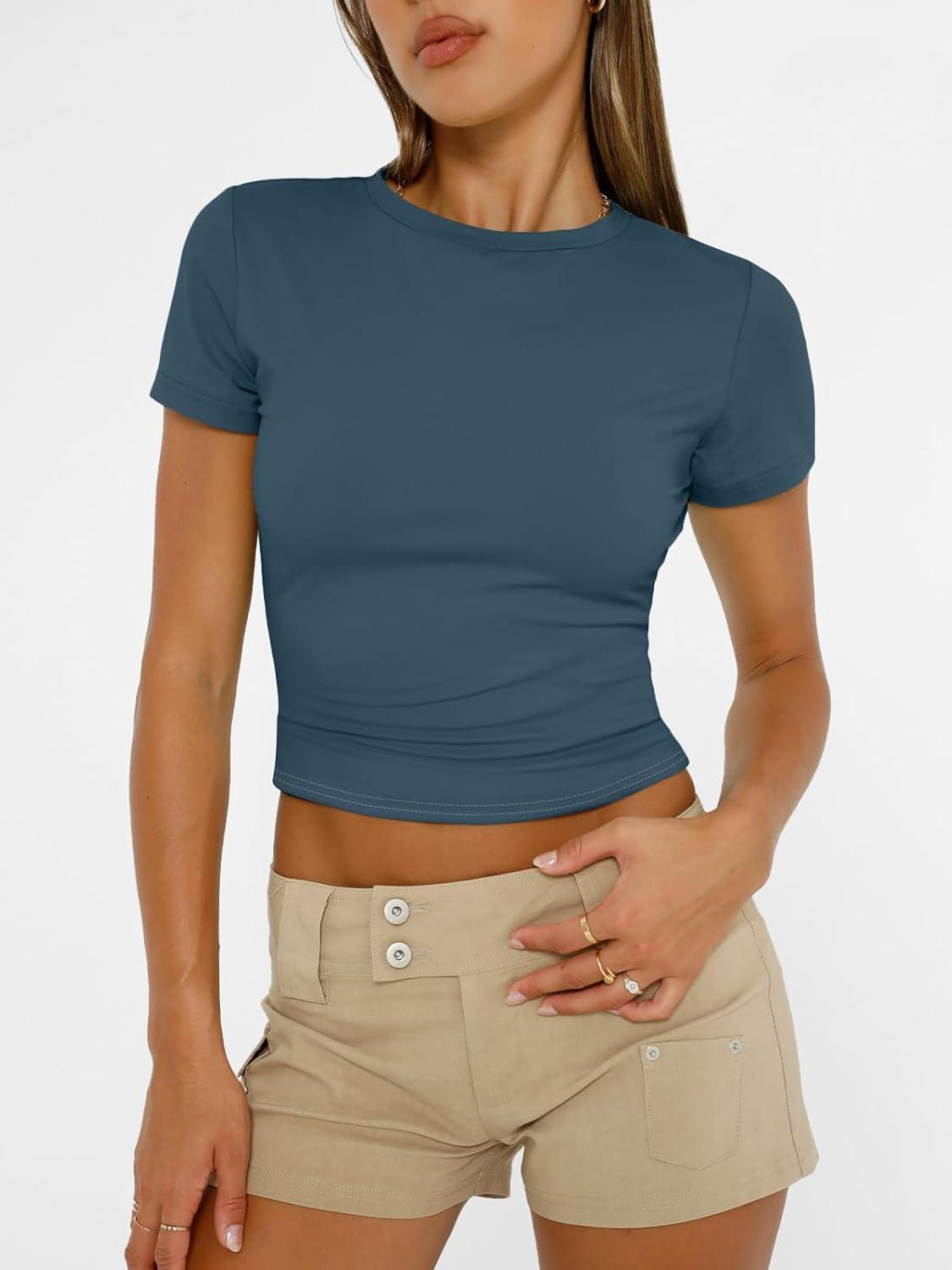 imageAUTOMET Womens Short Sleeve T Shirts Basic Summer 2025 Workout Tops Crew Neck Gym Crop Tops Trendy Y2K ClothesHaze Blue