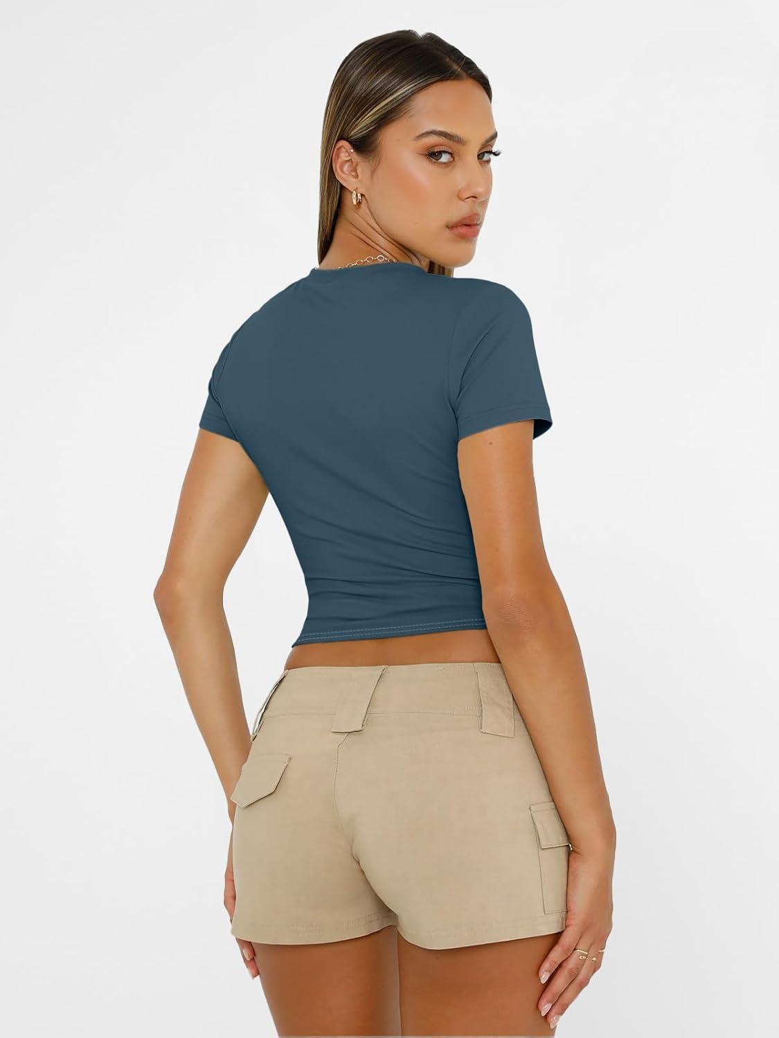 imageAUTOMET Womens Short Sleeve T Shirts Basic Summer 2025 Workout Tops Crew Neck Gym Crop Tops Trendy Y2K ClothesHaze Blue