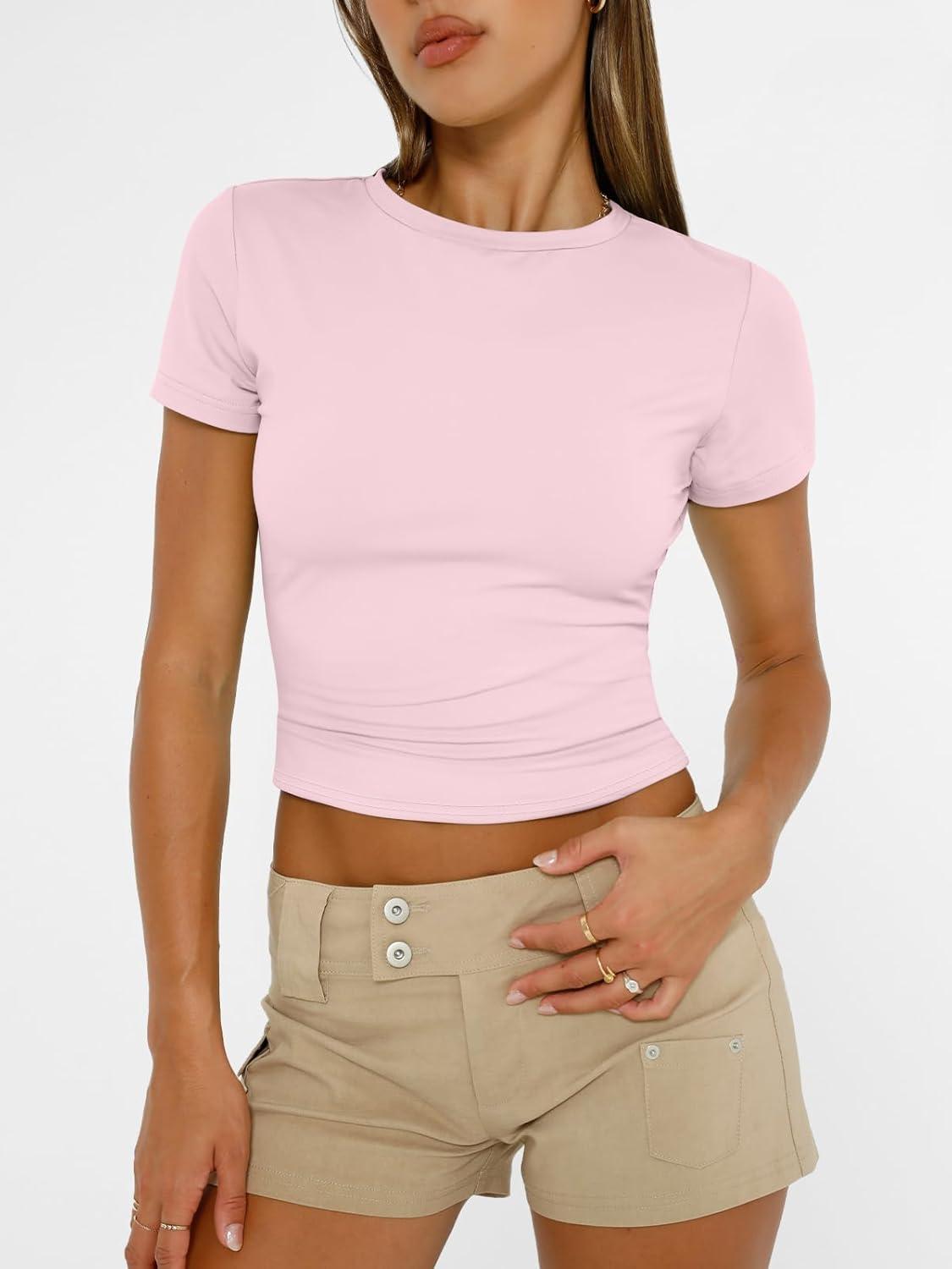imageAUTOMET Womens Short Sleeve T Shirts Basic Summer 2025 Workout Tops Crew Neck Gym Crop Tops Trendy Y2K ClothesLight Pink