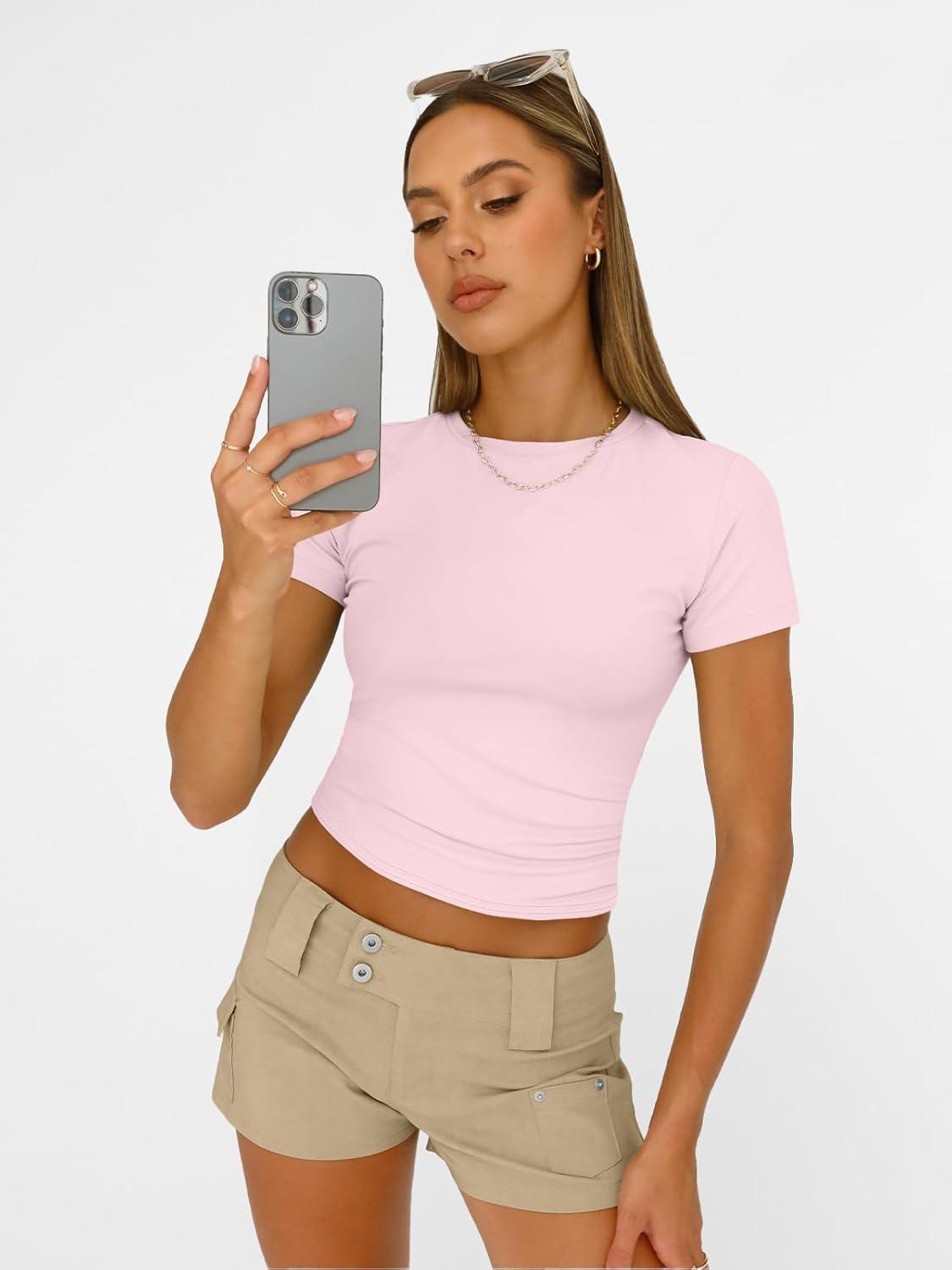 imageAUTOMET Womens Short Sleeve T Shirts Basic Summer 2025 Workout Tops Crew Neck Gym Crop Tops Trendy Y2K ClothesLight Pink