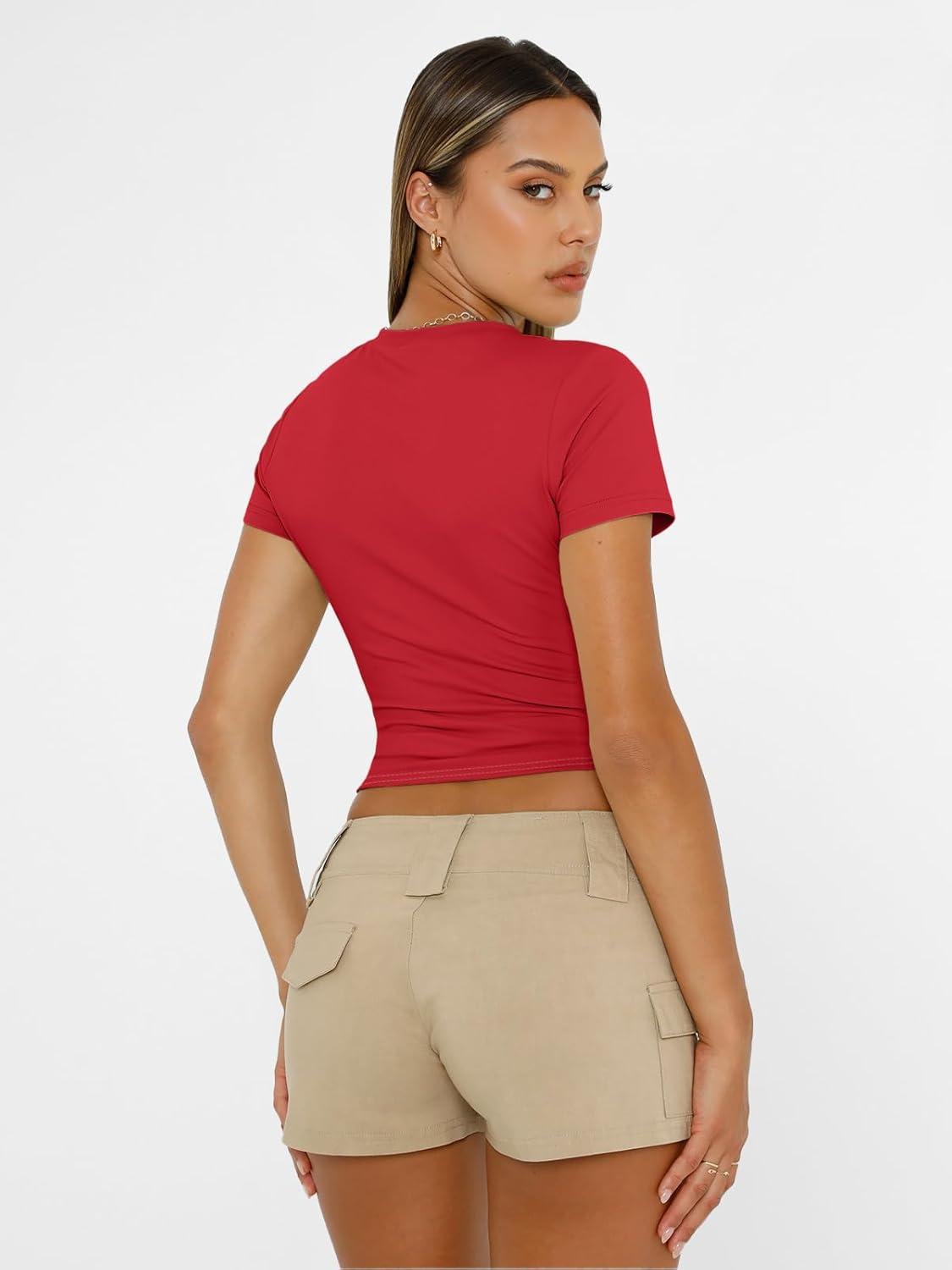 imageAUTOMET Womens Short Sleeve T Shirts Basic Summer 2025 Workout Tops Crew Neck Gym Crop Tops Trendy Y2K ClothesRed