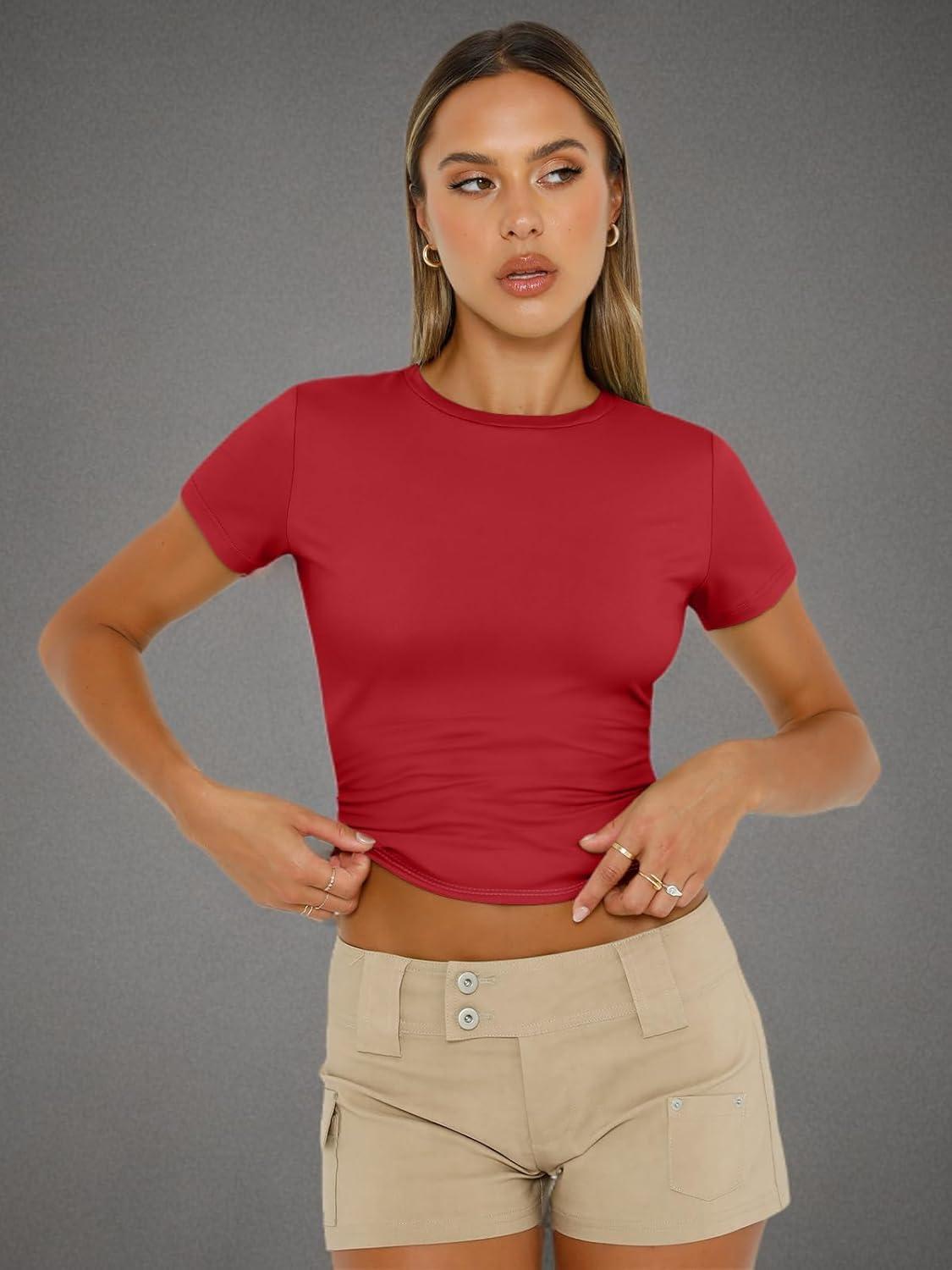 imageAUTOMET Womens Short Sleeve T Shirts Basic Summer 2025 Workout Tops Crew Neck Gym Crop Tops Trendy Y2K ClothesRed