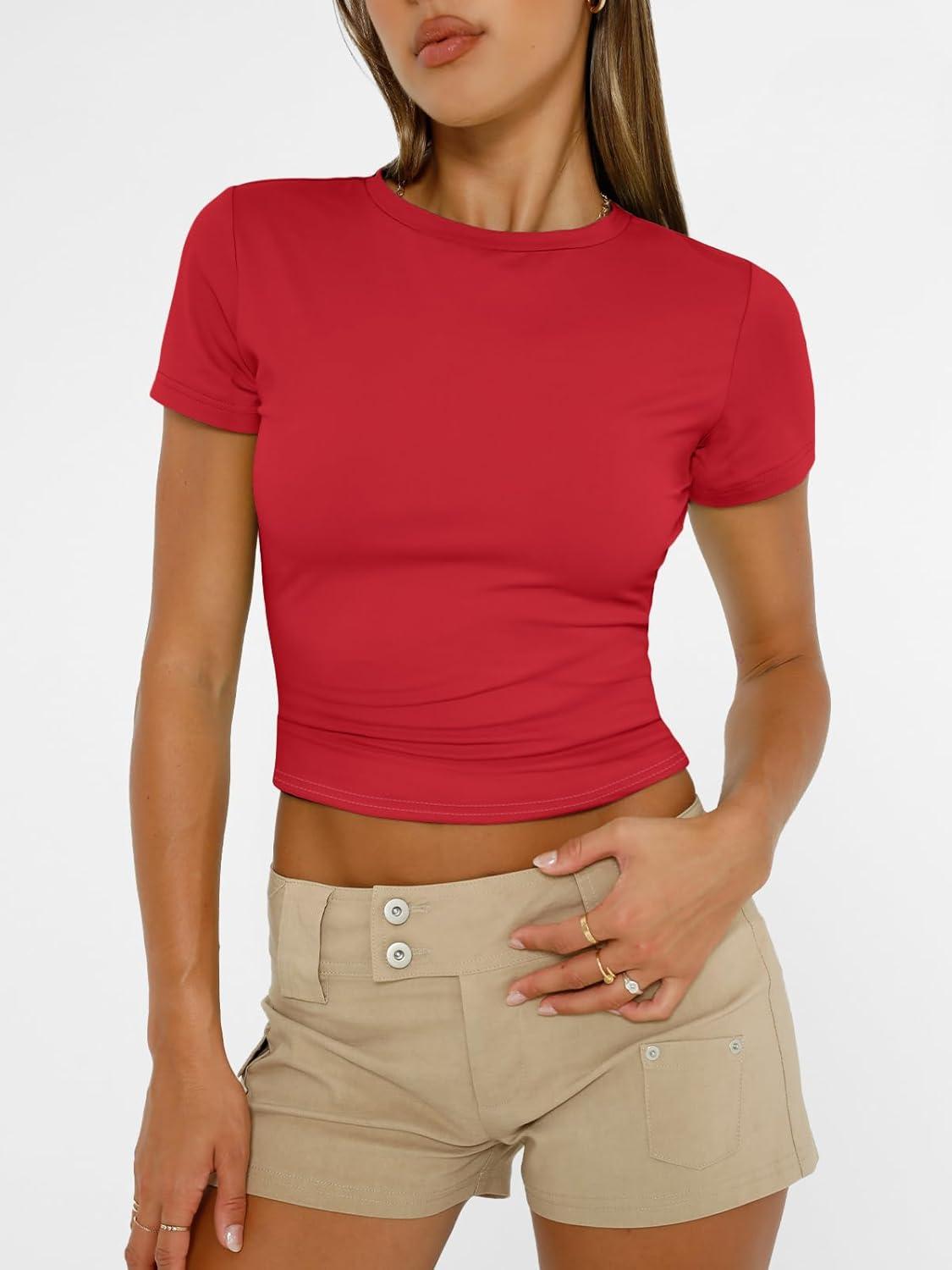 imageAUTOMET Womens Short Sleeve T Shirts Basic Summer 2025 Workout Tops Crew Neck Gym Crop Tops Trendy Y2K ClothesRed