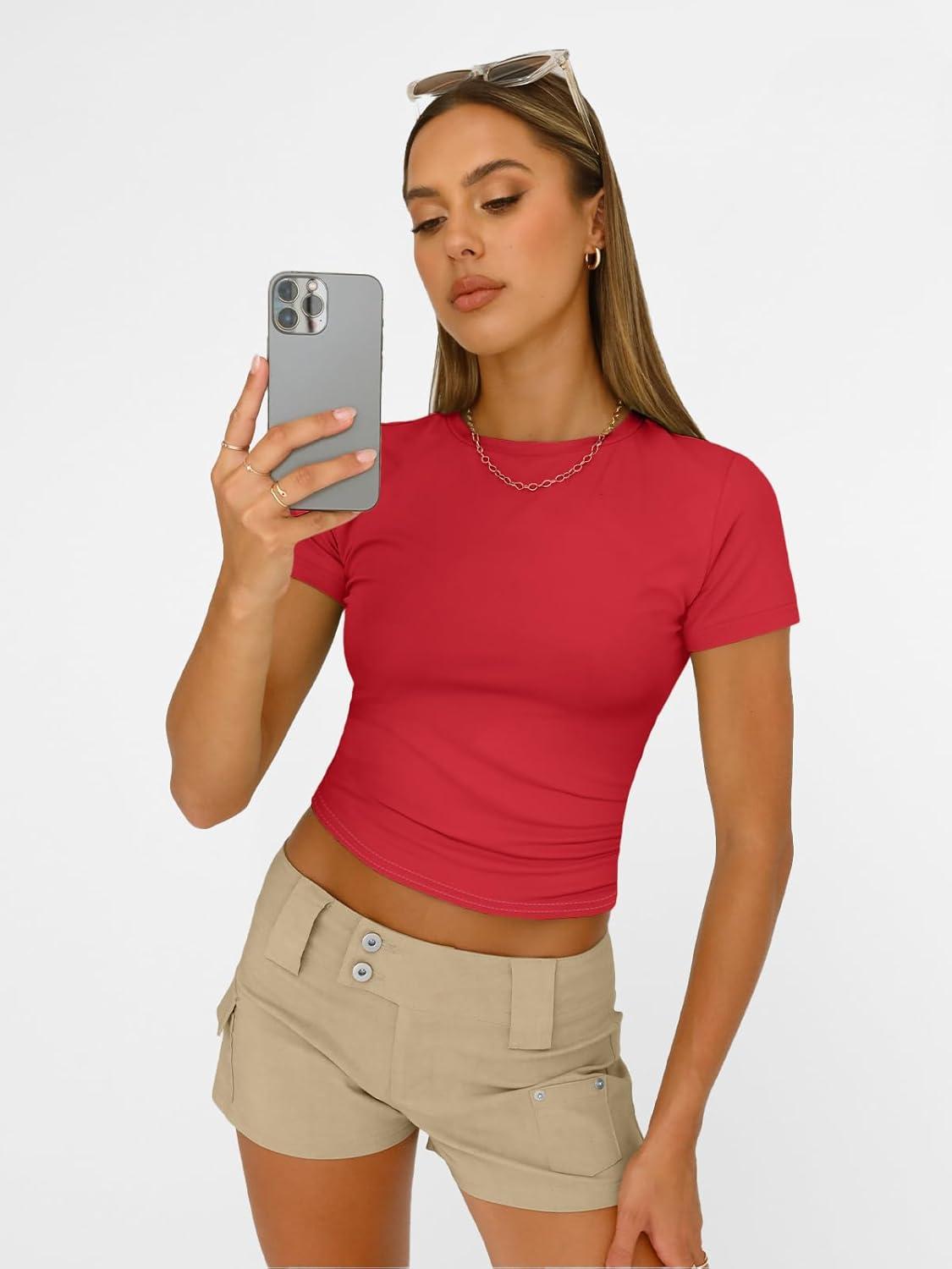 imageAUTOMET Womens Short Sleeve T Shirts Basic Summer 2025 Workout Tops Crew Neck Gym Crop Tops Trendy Y2K ClothesRed