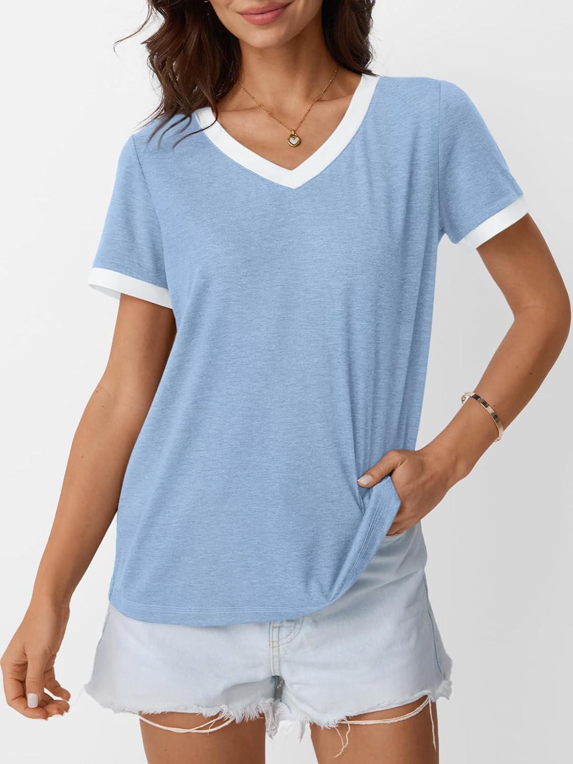 imageAUTOMET Womens Short Sleeve TShirts Summer Tops Casual Soft Tunic V Neck Basic Workout Clothes Spring Fashion Outfits 2025Blue