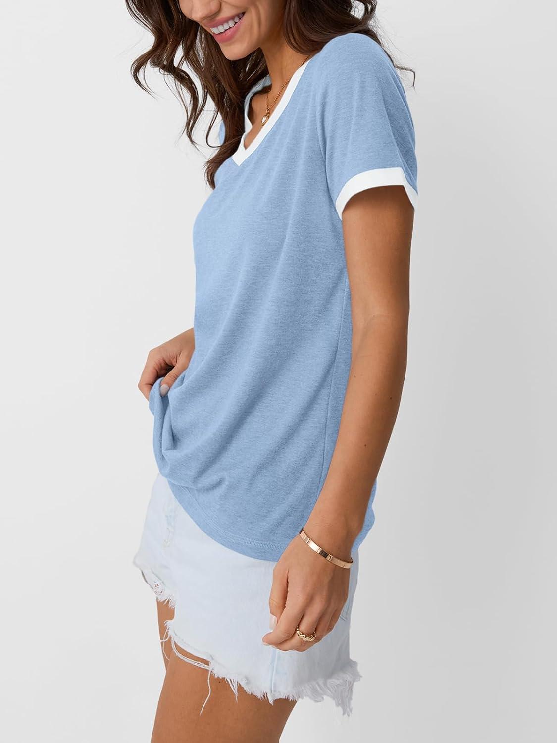 imageAUTOMET Womens Short Sleeve TShirts Summer Tops Casual Soft Tunic V Neck Basic Workout Clothes Spring Fashion Outfits 2025Blue