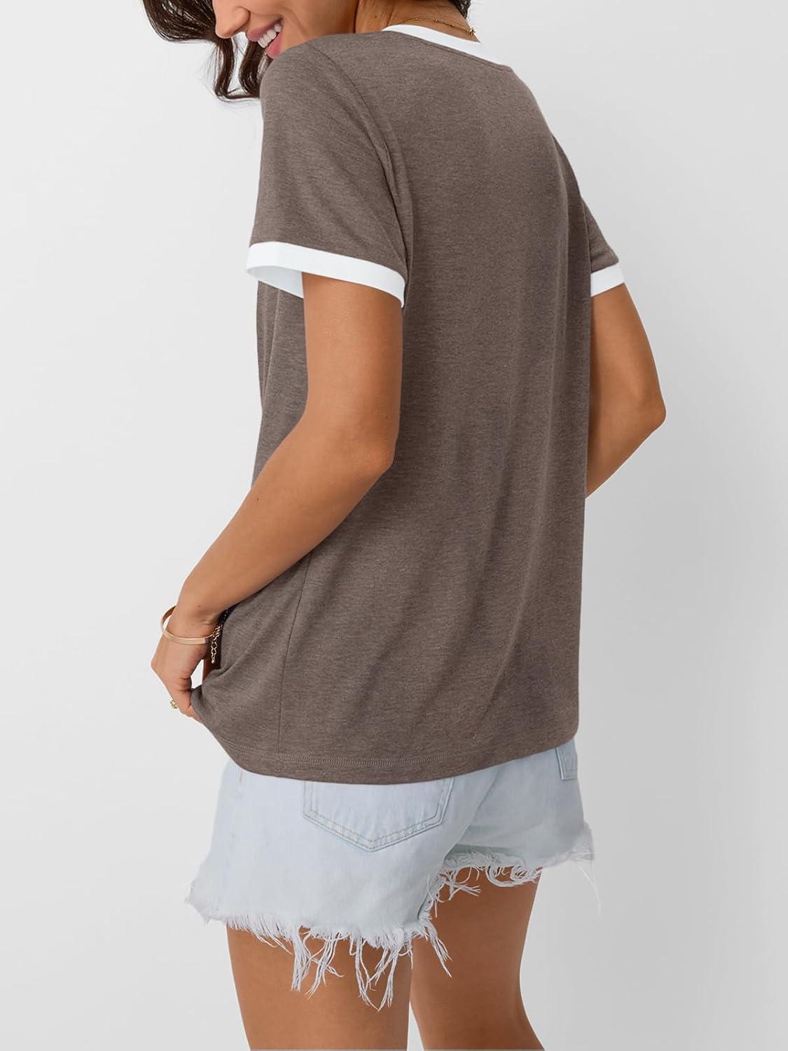 imageAUTOMET Womens Short Sleeve TShirts Summer Tops Casual Soft Tunic V Neck Basic Workout Clothes Spring Fashion Outfits 2025Coffee