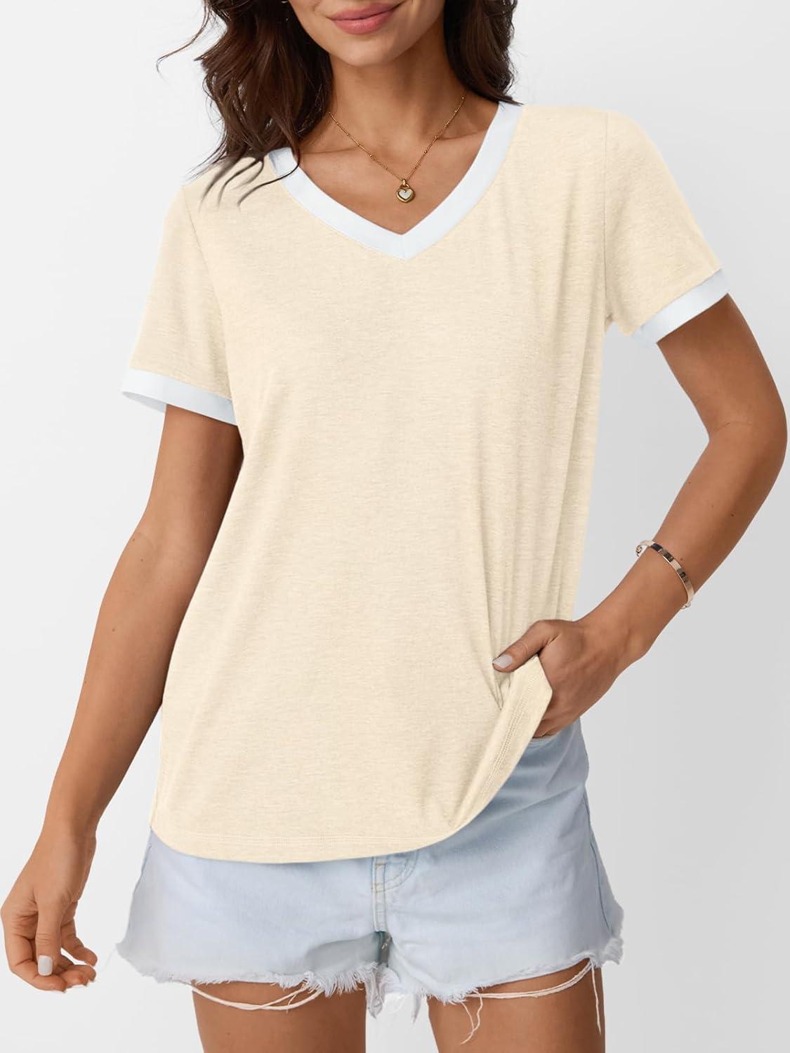 imageAUTOMET Womens Short Sleeve TShirts Summer Tops Casual Soft Tunic V Neck Basic Workout Clothes Spring Fashion Outfits 2025Cream