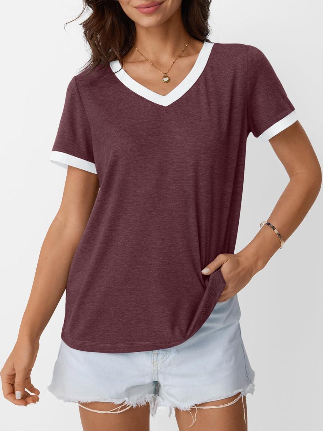imageAUTOMET Womens Short Sleeve TShirts Summer Tops Casual Soft Tunic V Neck Basic Workout Clothes Spring Fashion Outfits 2025Winered