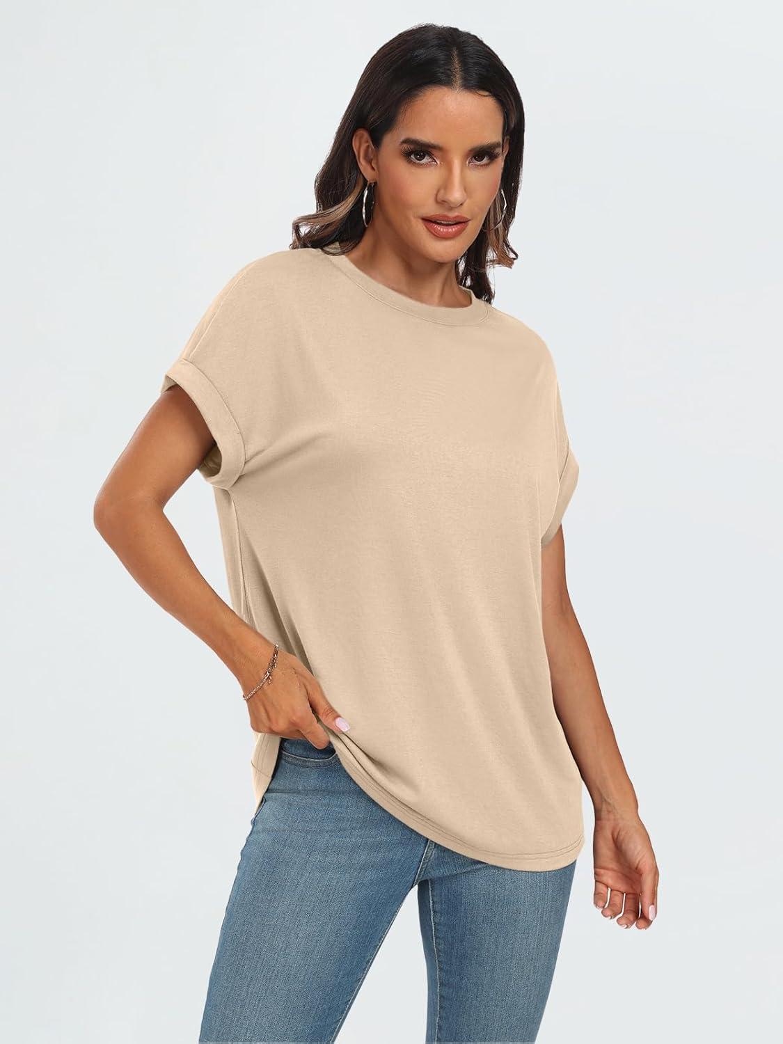 imageAUTOMET Womens Summer Tops Oversized Short Sleeve Business Casual T Shirts Trendy Fashion Clothes Spring Outfits 2025Apricot