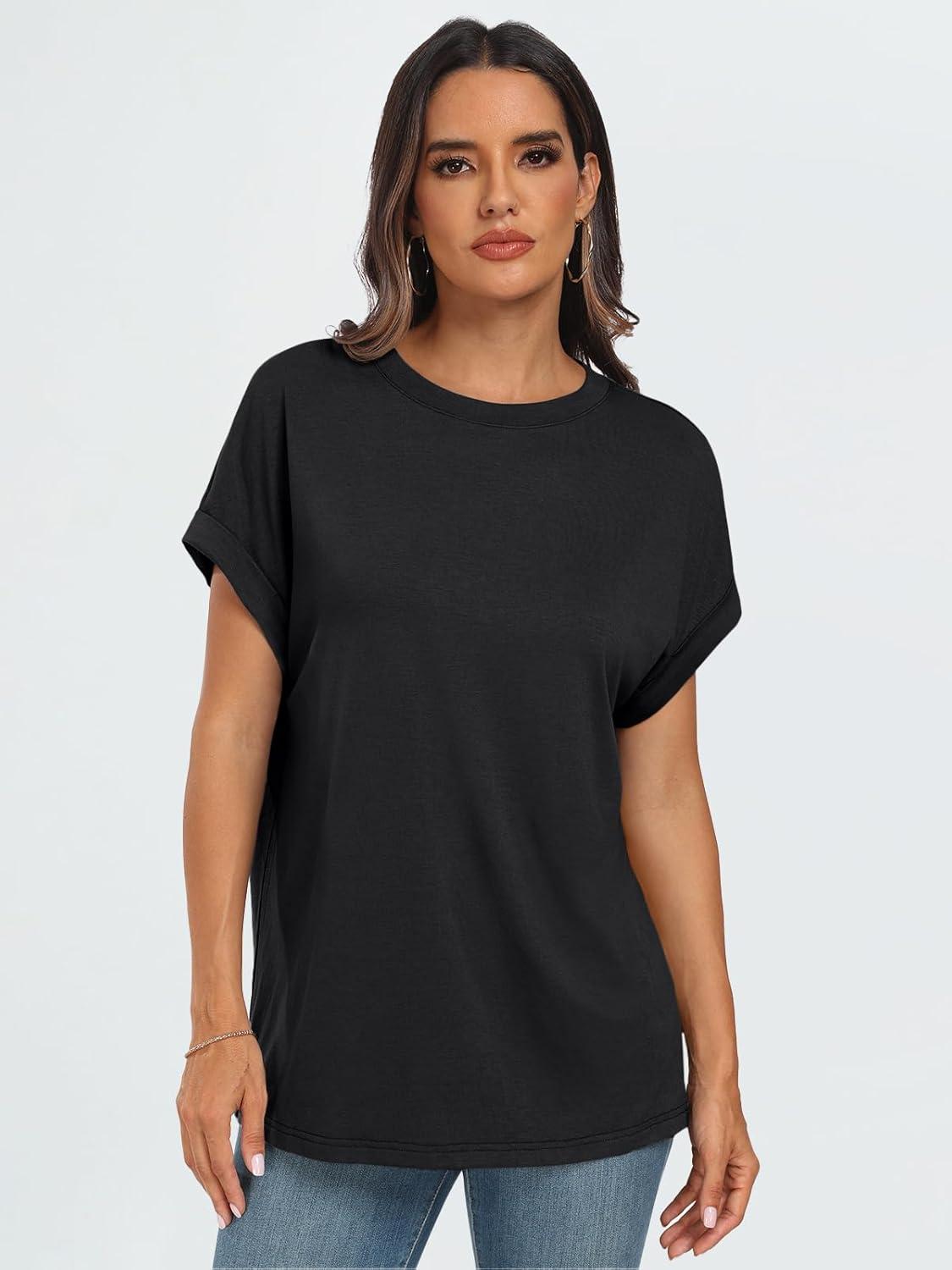 imageAUTOMET Womens Summer Tops Oversized Short Sleeve Business Casual T Shirts Trendy Fashion Clothes Spring Outfits 2025Black