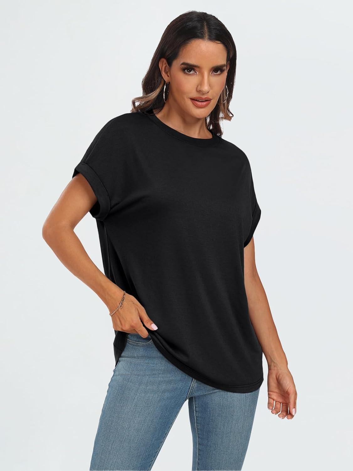 imageAUTOMET Womens Summer Tops Oversized Short Sleeve Business Casual T Shirts Trendy Fashion Clothes Spring Outfits 2025Black