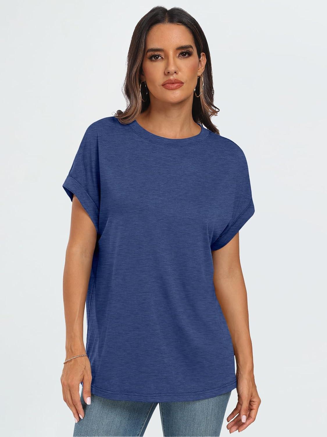 imageAUTOMET Womens Summer Tops Oversized Short Sleeve Business Casual T Shirts Trendy Fashion Clothes Spring Outfits 2025Blue