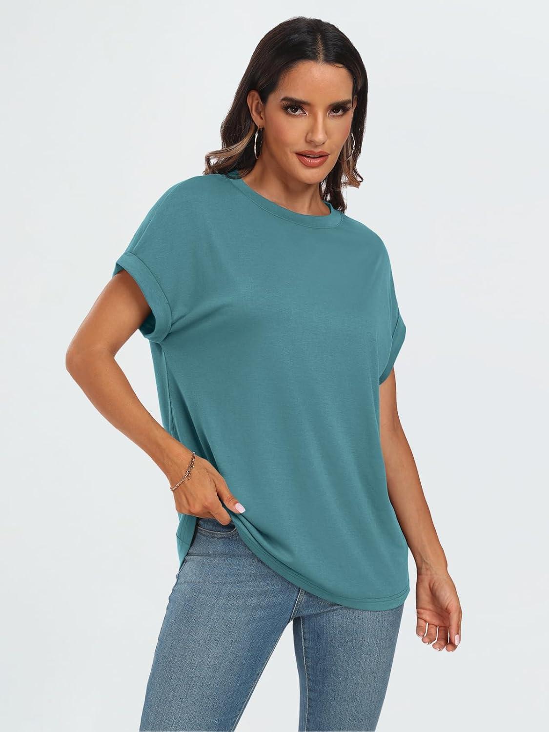 imageAUTOMET Womens Summer Tops Oversized Short Sleeve Business Casual T Shirts Trendy Fashion Clothes Spring Outfits 2025Blue Green