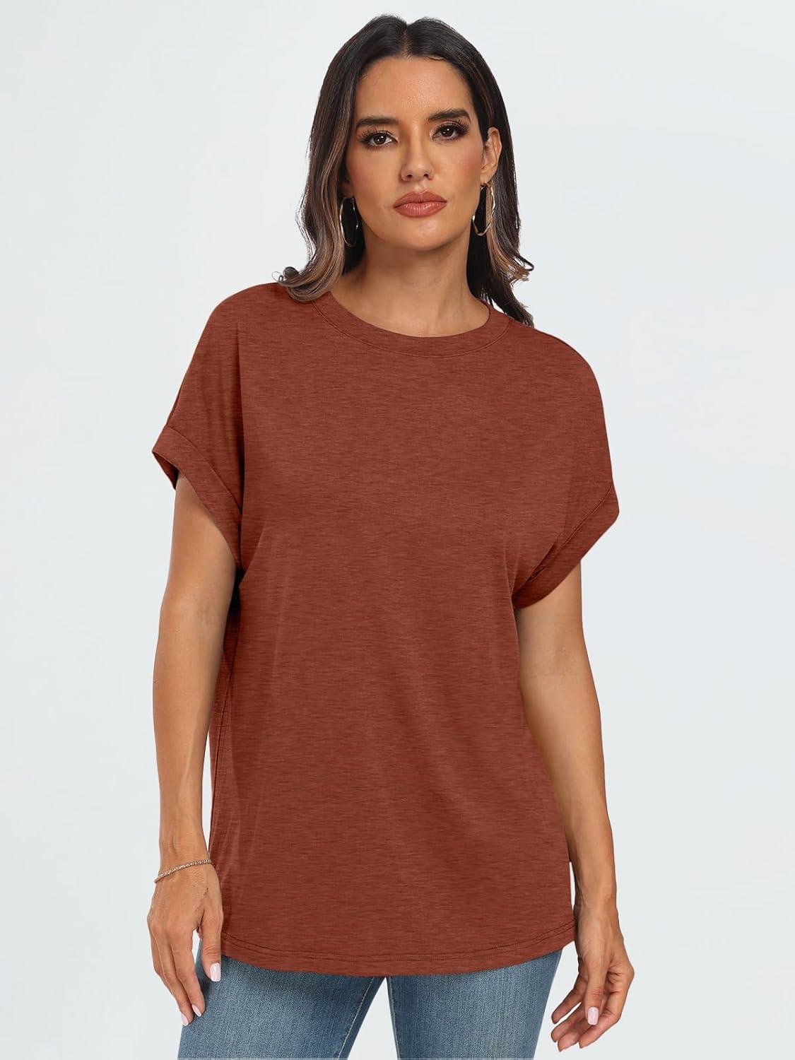 imageAUTOMET Womens Summer Tops Oversized Short Sleeve Business Casual T Shirts Trendy Fashion Clothes Spring Outfits 2025Brick Red