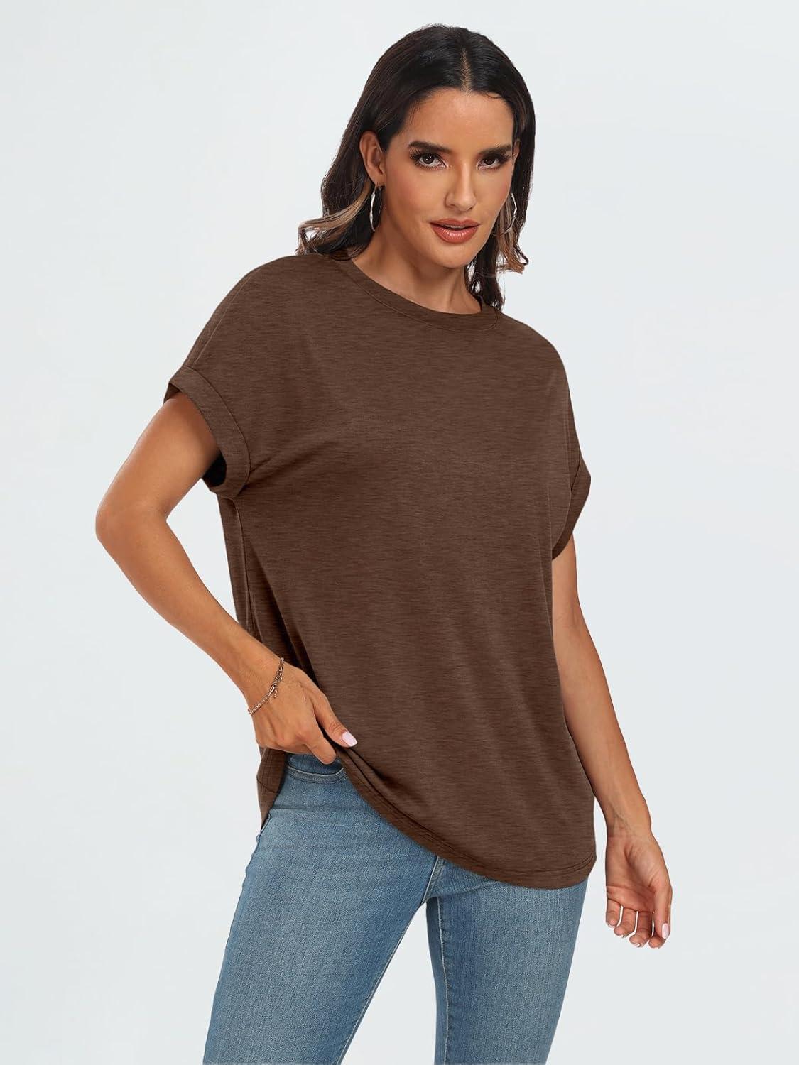 imageAUTOMET Womens Summer Tops Oversized Short Sleeve Business Casual T Shirts Trendy Fashion Clothes Spring Outfits 2025Brown