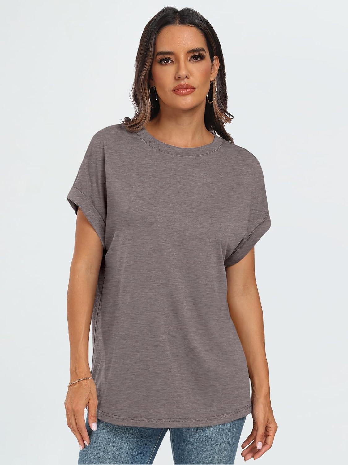 imageAUTOMET Womens Summer Tops Oversized Short Sleeve Business Casual T Shirts Trendy Fashion Clothes Spring Outfits 2025Coffee Grey