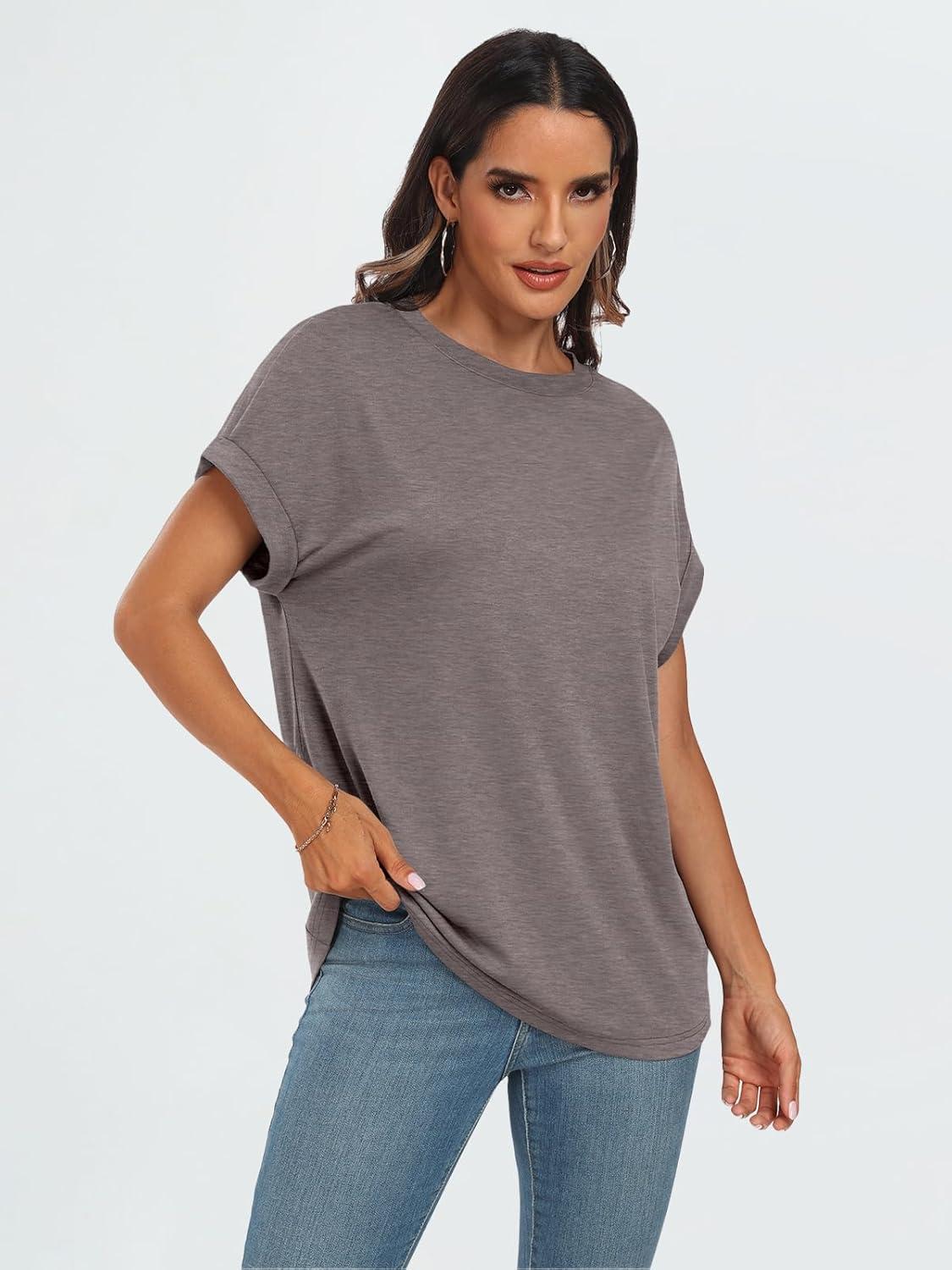 imageAUTOMET Womens Summer Tops Oversized Short Sleeve Business Casual T Shirts Trendy Fashion Clothes Spring Outfits 2025Coffee Grey