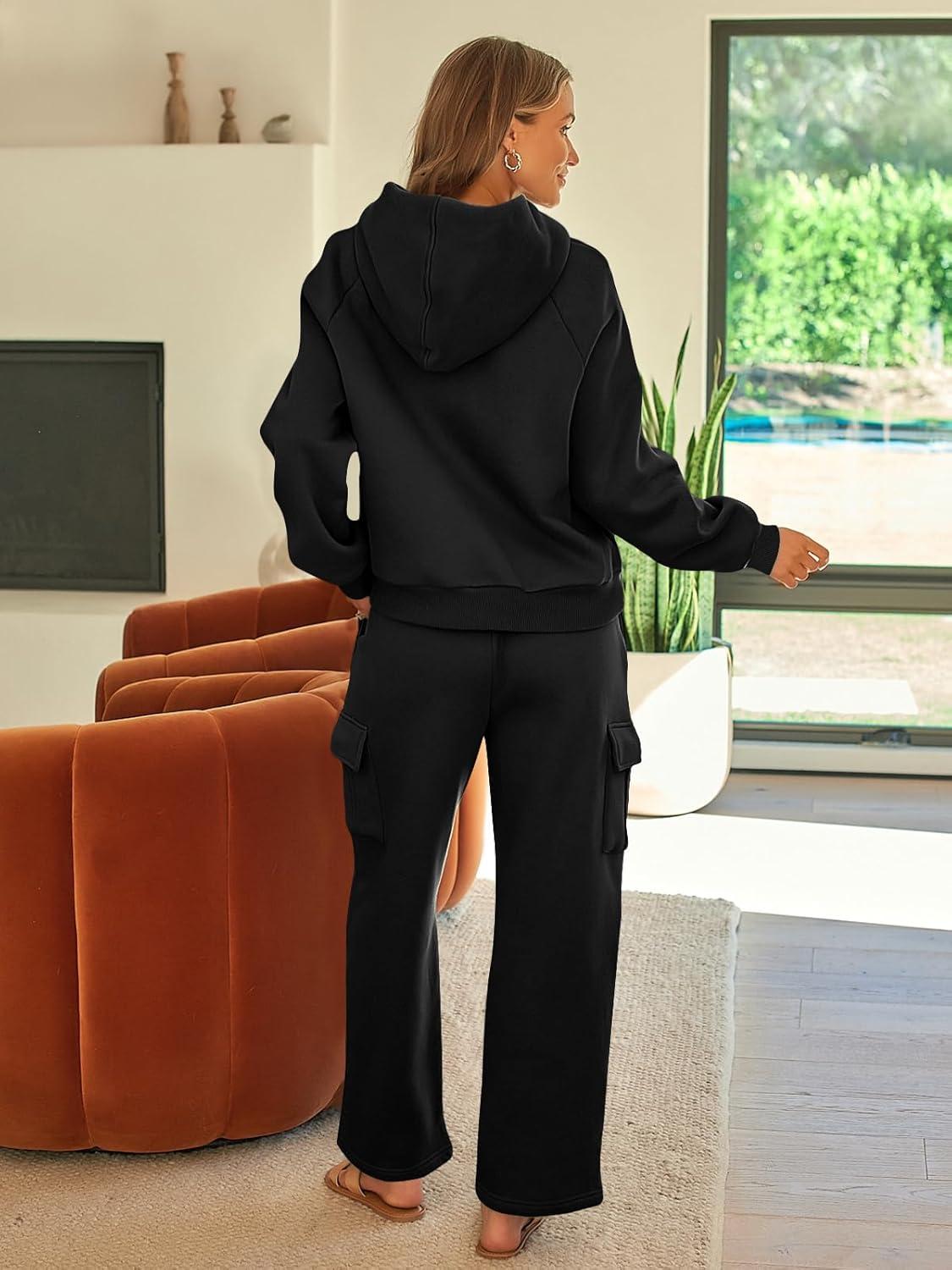 imageAUTOMET Womens Sweatsuits 2 Piece Outfits Fall Sweat Sets Lounge Hoodies and Cargo Pants Wide Leg with PocketsBlack