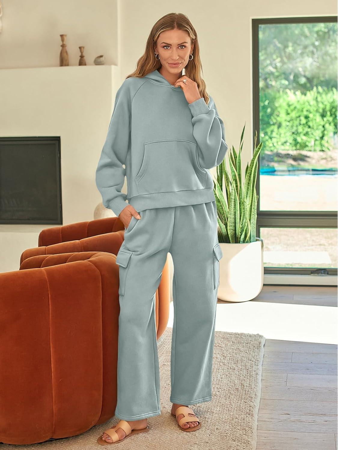 imageAUTOMET Womens Sweatsuits 2 Piece Outfits Fall Sweat Sets Lounge Hoodies and Cargo Pants Wide Leg with PocketsBluegreen