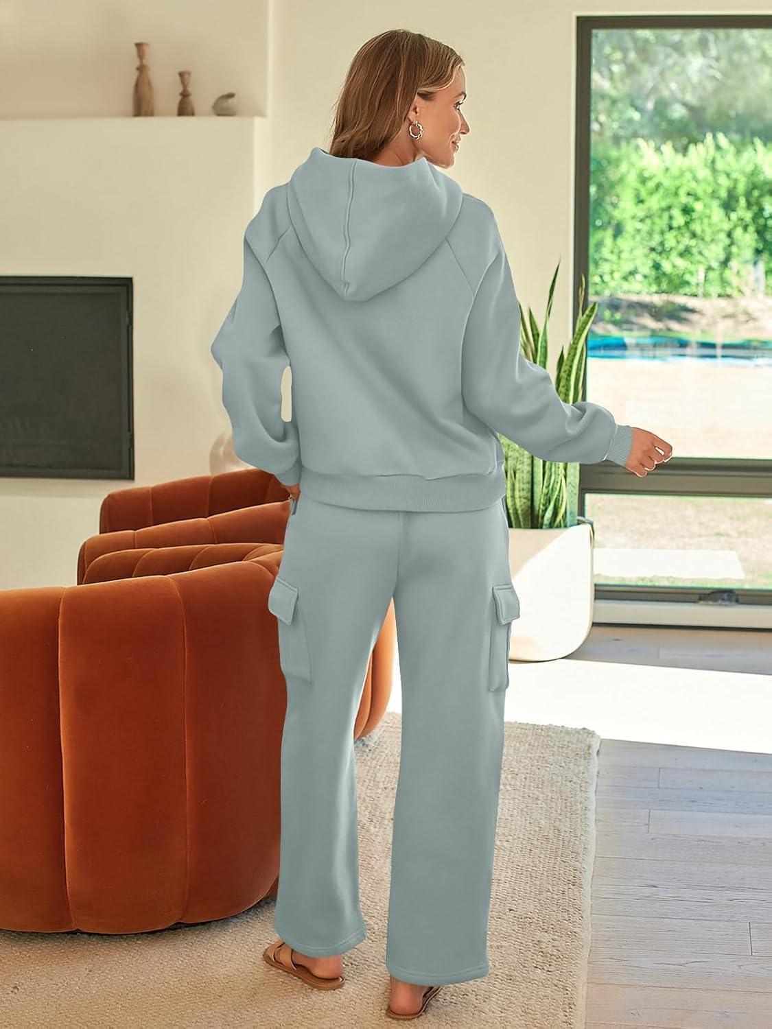 imageAUTOMET Womens Sweatsuits 2 Piece Outfits Fall Sweat Sets Lounge Hoodies and Cargo Pants Wide Leg with PocketsBluegreen
