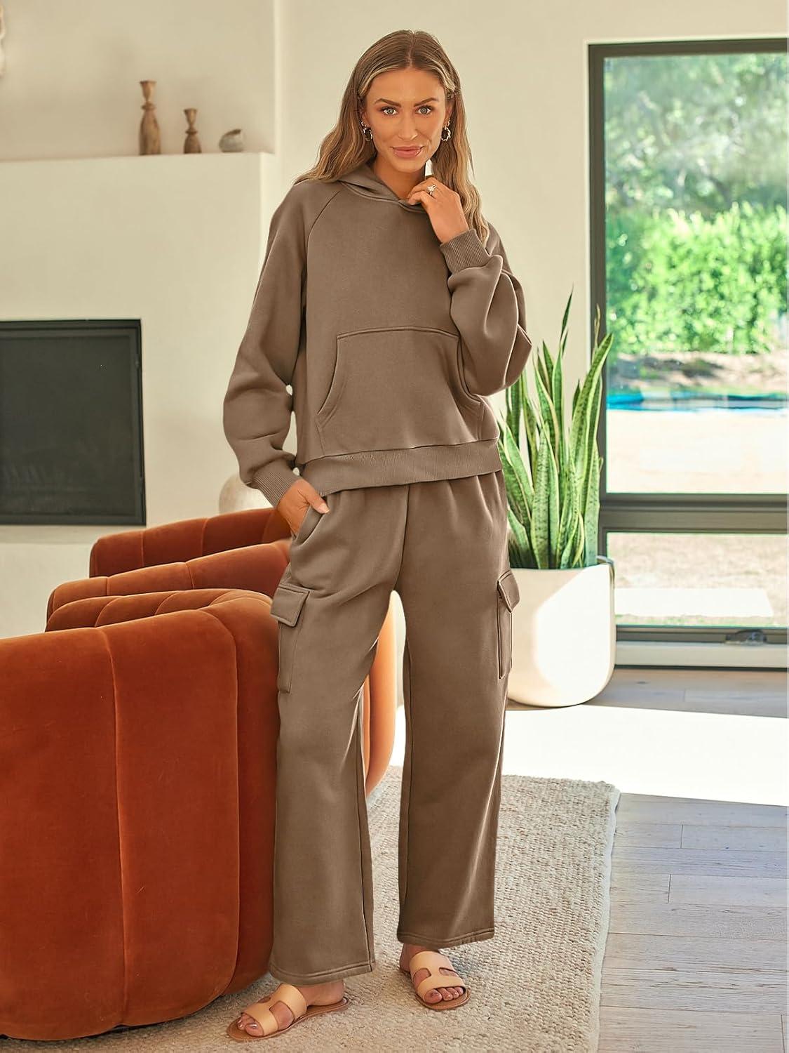 imageAUTOMET Womens Sweatsuits 2 Piece Outfits Fall Sweat Sets Lounge Hoodies and Cargo Pants Wide Leg with PocketsCoffee