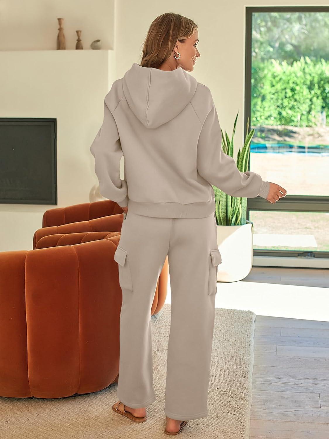 imageAUTOMET Womens Sweatsuits 2 Piece Outfits Fall Sweat Sets Lounge Hoodies and Cargo Pants Wide Leg with PocketsCoffeegrey