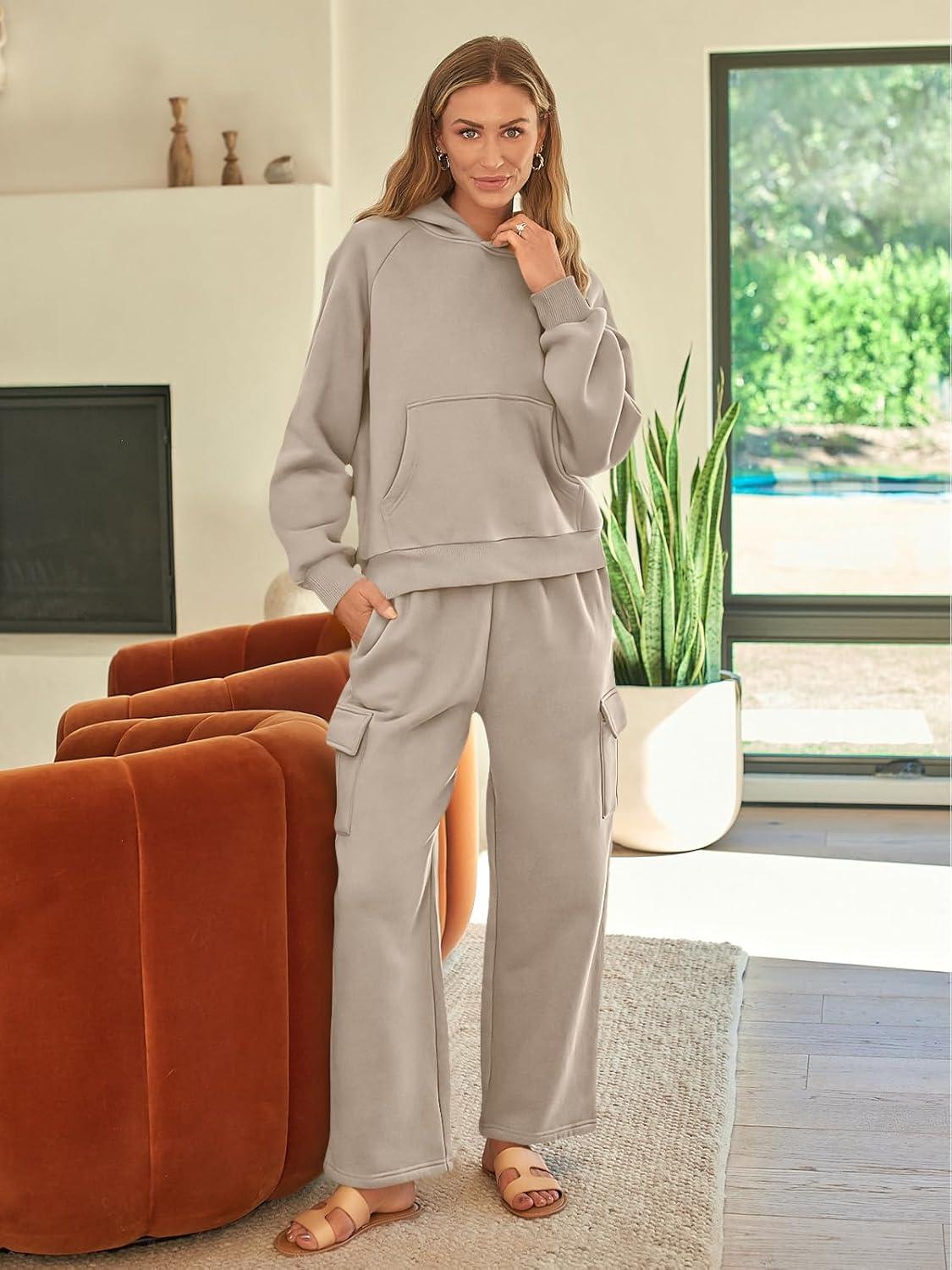 imageAUTOMET Womens Sweatsuits 2 Piece Outfits Fall Sweat Sets Lounge Hoodies and Cargo Pants Wide Leg with PocketsCoffeegrey