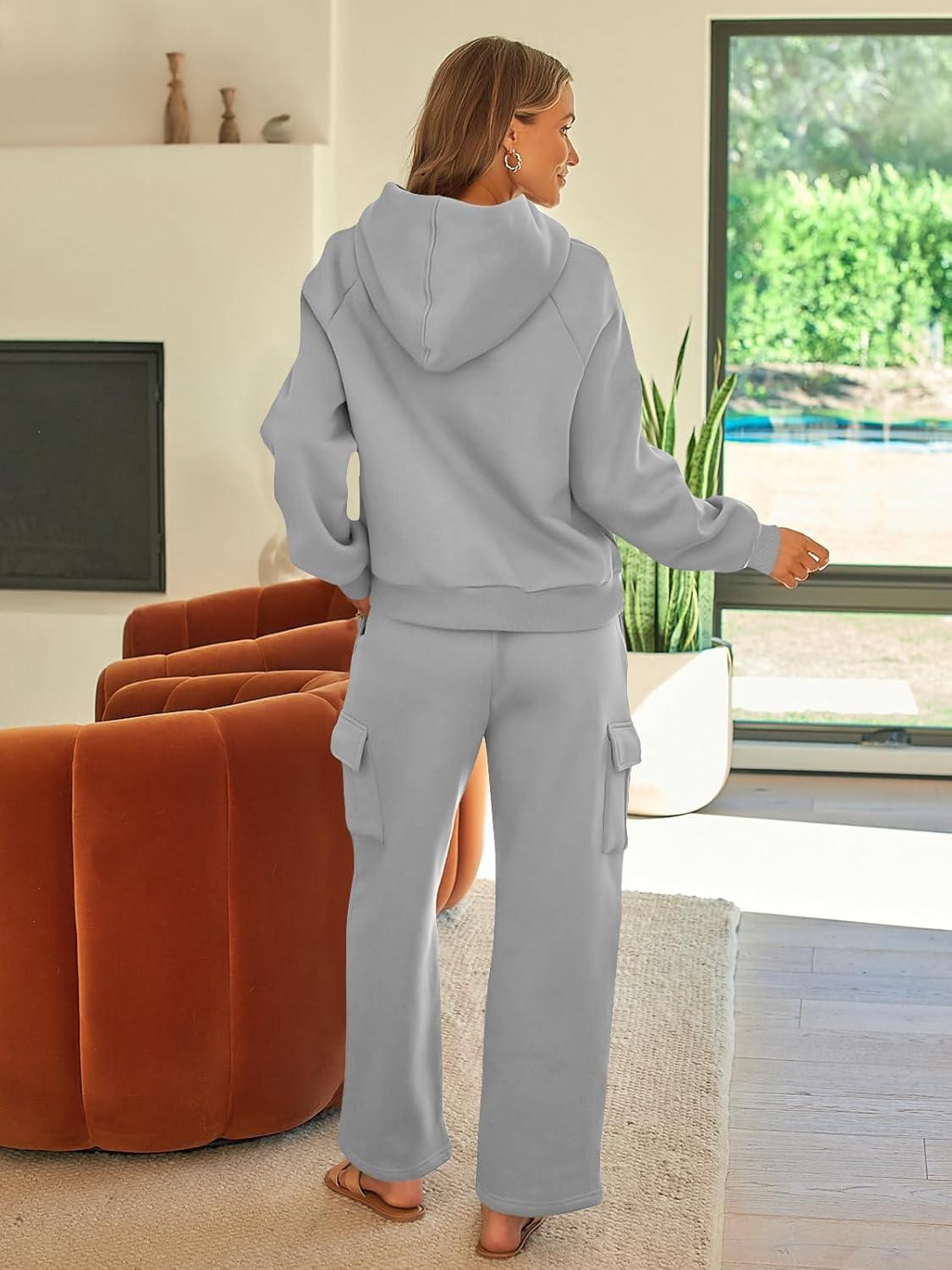 imageAUTOMET Womens Sweatsuits 2 Piece Outfits Fall Sweat Sets Lounge Hoodies and Cargo Pants Wide Leg with PocketsDarkgrey